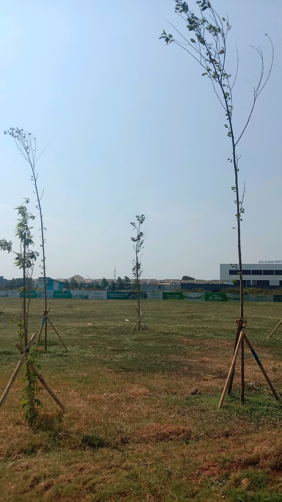 The image depicts an outdoor scene in Telagamurni, Indonesia, likely a newly developed or under-development area, evidenced by the young trees staked for support. The ground is covered in dry, patchy grass, suggesting a warm climate or dry season. In the background, several buildings and a transmission tower are visible, indicating proximity to a residential or commercial zone. A large banner with text that includes "Metland" and a phone number, along with smaller text like "Building Durables," "Muslim Generation," and "Where the Bright future lives," stretches across the mid-ground, suggesting a real estate or property development advertisement. The sky is clear and bright, indicating a sunny day. There are no people visible in the image, and the focus is on the landscape and the advertising banner.