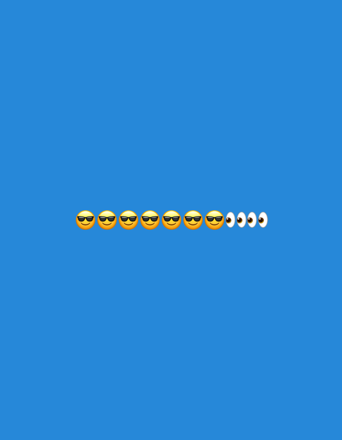 The image is a digital graphic, not a photograph of a real-world scene. It features a row of seven sunglasses-wearing smiley face emojis, followed by three pairs of cartoon eyes, all centered horizontally against a solid blue background. The graphic has no connection to the city of Gorzow, Poland.