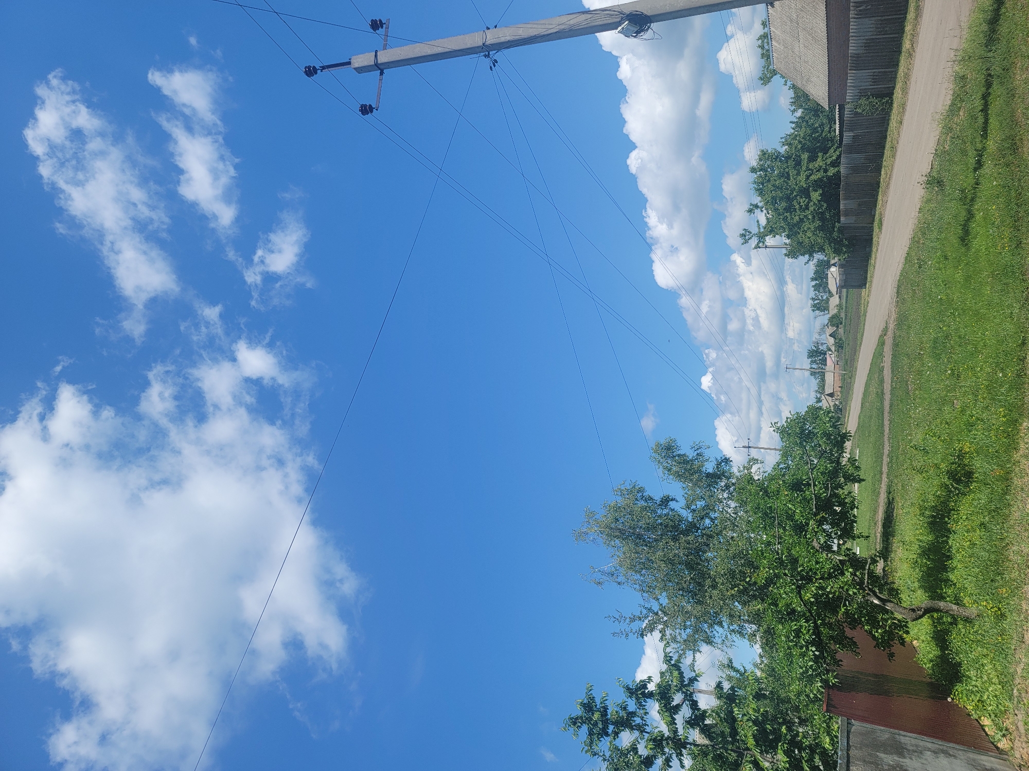 The image depicts a rural scene in Vovkivka, Ukraine, on a bright, sunny day. The sky is a vibrant blue with scattered white clouds. In the foreground, a grassy area is visible, with a dirt road running through the center of the frame. To the left of the road, there is a fence and a small, leafy tree. To the right, a power pole with wires stretches upwards, and a wooden fence lines the edge of the road, behind which are several houses with grey, corrugated roofs. The overall impression is one of a quiet, peaceful village setting.