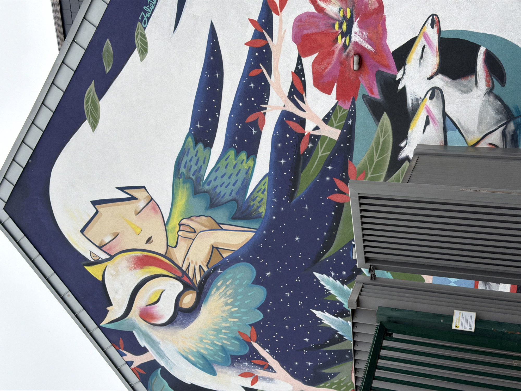 A mural is painted on the side of a building in Esch-sur-Alzette, Luxembourg. The mural depicts a stylized owl embracing a person with closed eyes. The owl has white and teal feathers, and the person has light skin and white hair. The background of the mural is dark blue with white stars, suggesting a night sky. There are also stylized red and green leaves and branches. In the lower portion of the mural, there are two white deer with closed eyes and pink blush marks on their cheeks. A large red flower is visible on the right side of the mural. In the foreground, a gray metal gate and a green metal gate are partially obscuring the mural. A yellow sign is attached to the green gate.