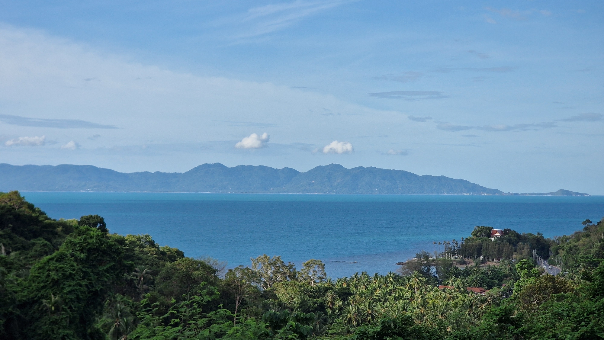 This is a high-angle, wide shot of a tropical coastline in Baan Thong Po, Thailand, on a clear day. The foreground is dominated by dense, lush green foliage, including palm trees, which obscures much of the landscape. In the mid-ground, the turquoise ocean stretches out to meet a line of hazy blue mountains in the distance. A small, secluded bay is visible on the right side of the mid-ground, featuring a cluster of buildings nestled amongst trees on a hill. A road with a few vehicles is also visible winding through this area. The sky above is a pale blue with scattered white clouds.