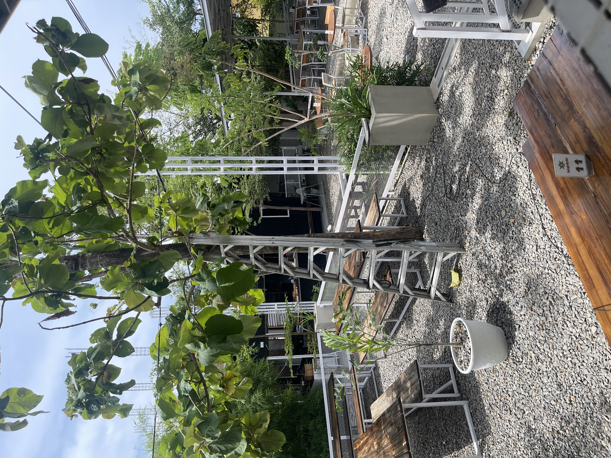 This image depicts an outdoor seating area of a cafe, possibly located in Pulokiton, Indonesia. The ground is covered with gravel. In the foreground, there is a wooden table with a table number "11" displayed on it. To the left and center, there are several picnic-style tables with wooden tops and white metal frames. A potted plant sits to the left of the tables. A tall, silver ladder leans against a tree in the middle ground. Further back, there are more tables and chairs, some with white metal frames and wooden tops. A covered area with a white metal structure is visible in the background, along with foliage and trees. The overall impression is of a casual outdoor dining or gathering space.