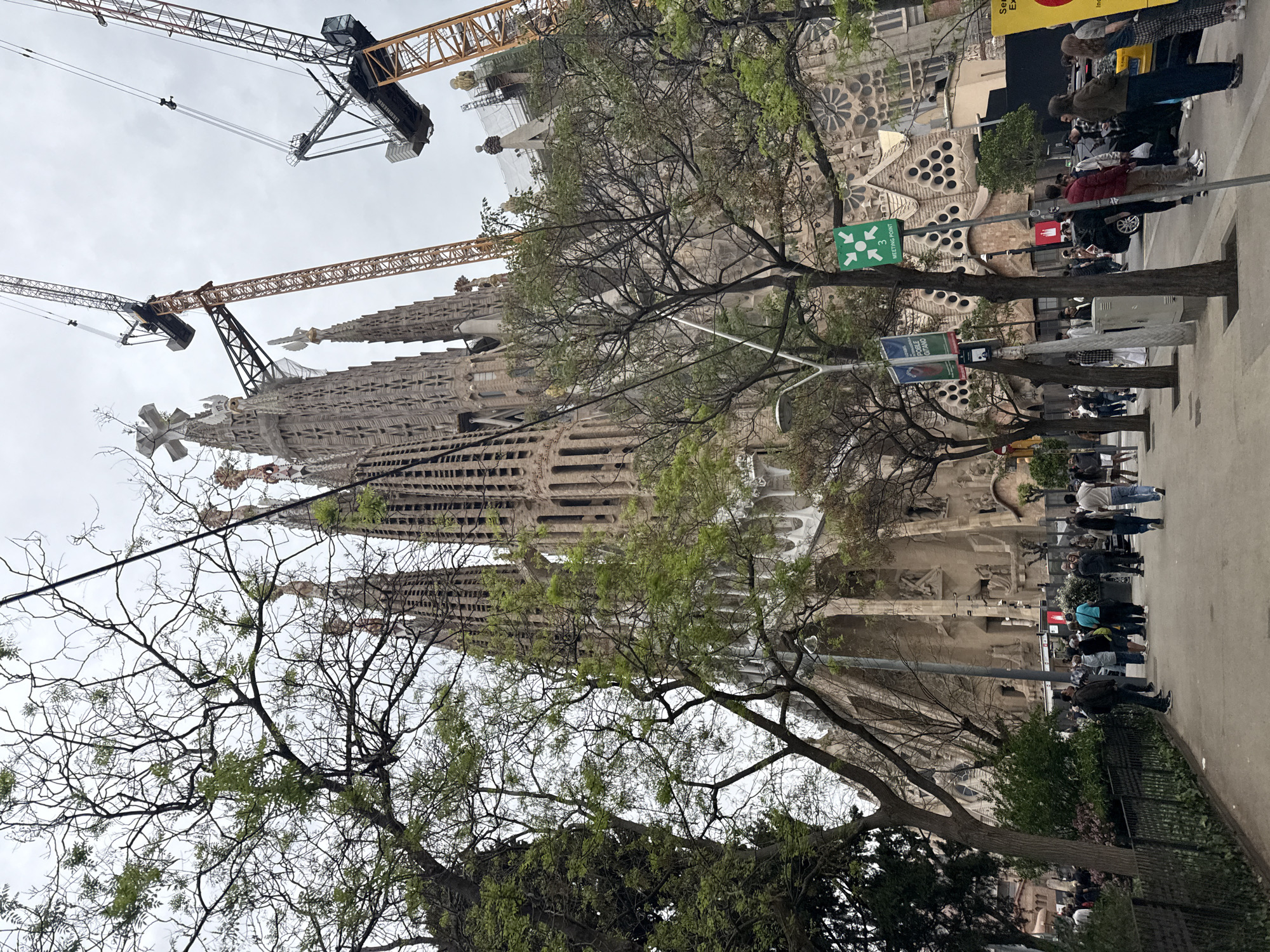 The image captures the Sagrada Família in Barcelona, Spain. Several cranes are positioned near the cathedral, suggesting ongoing construction or restoration work. The architecture of the cathedral is prominently featured, with its spires and intricate facade. Trees with budding leaves frame the view. A sidewalk runs along the side of the street where pedestrians are walking or standing, with some gathering in groups. Street signs and informational posts are placed along the sidewalk.