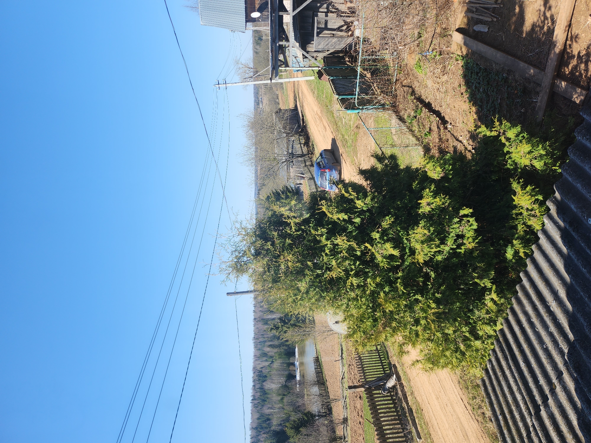 The image presents a rural scene, possibly taken from an elevated vantage point such as a rooftop. In the foreground, the edge of a corrugated roof is visible. A dirt road or path winds through the center of the frame, flanked by vegetation, including a large, bushy green tree. A blue car is parked on the side of the road. The setting includes an old wooden house and fence. Power lines stretch across the sky. In the distance, there's a glimpse of a pond or small lake surrounded by trees. The sky is clear and blue. Based on information provided, the location is in Архангельское, Russia.