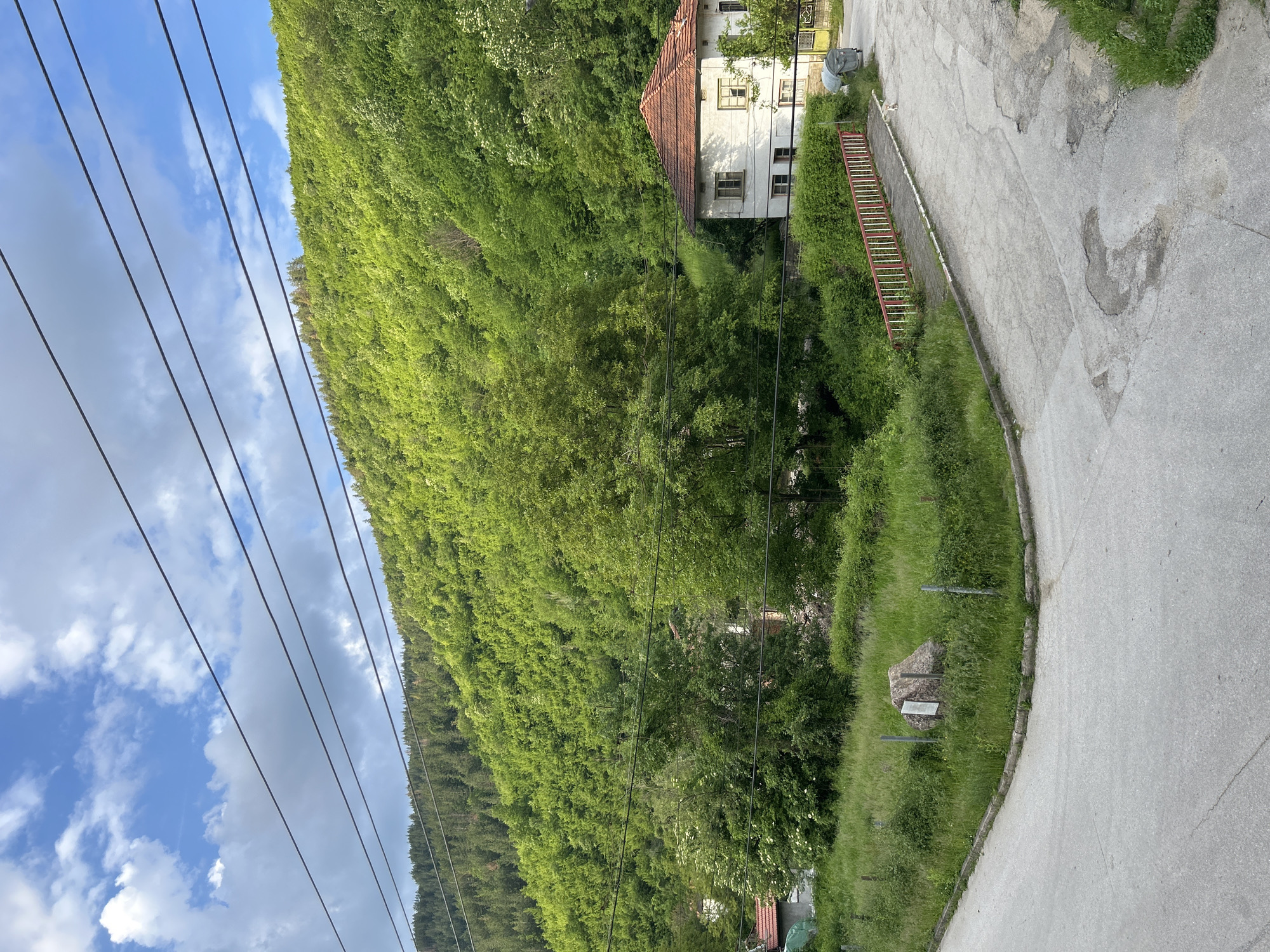 The image shows a hillside covered in dense green vegetation, with a white house featuring a red-tiled roof nestled into the slope. The scene is bisected by a winding asphalt road. The sky is visible in the upper left corner, exhibiting a mix of blue patches and white clouds. Several power lines stretch across the sky. An object with some writing in visible on the right side next to the road. The location is likely a rural area due to the steep hillside and lush greenery, but the specific city and country are not identifiable.