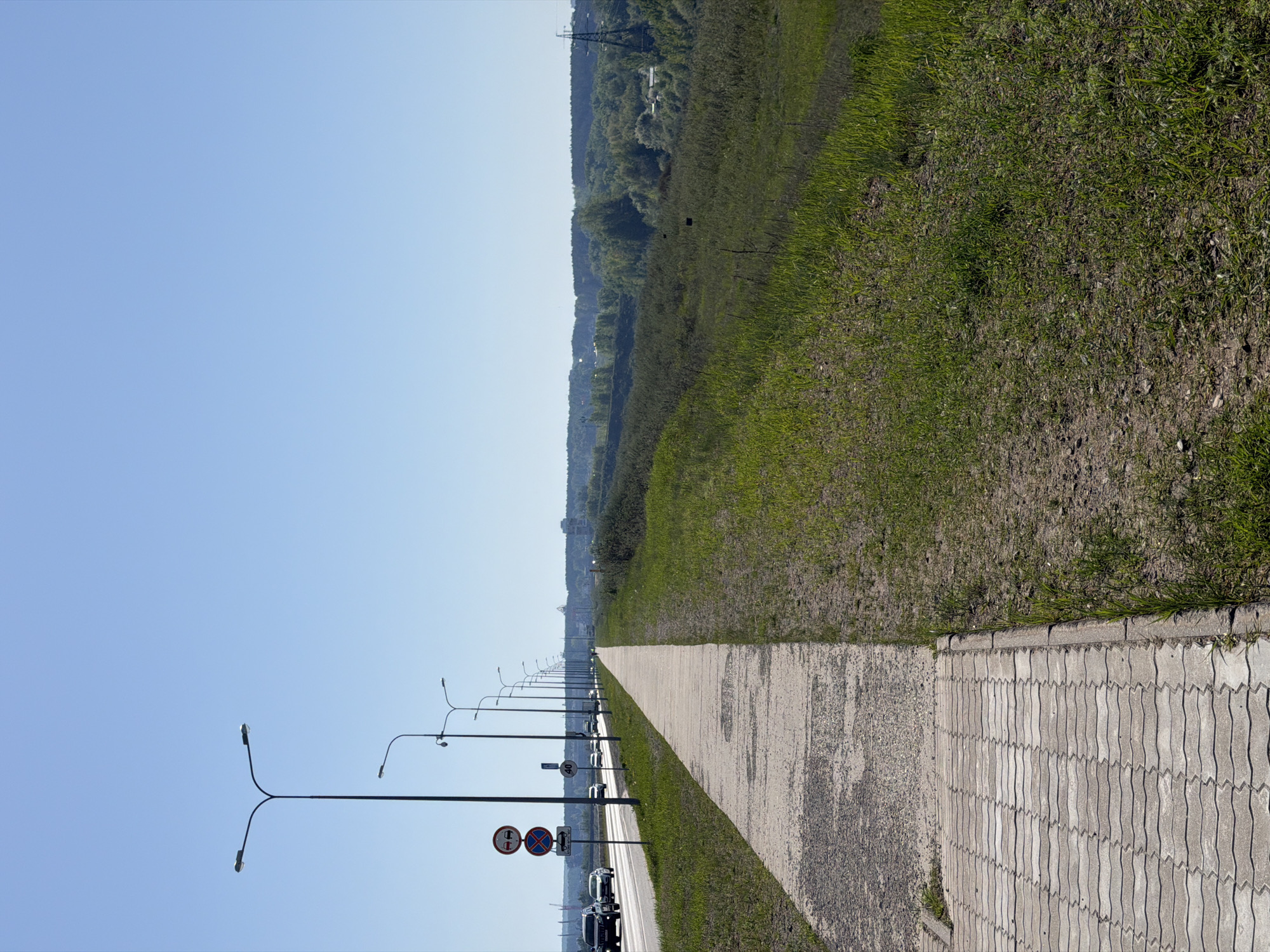 The image depicts a straight paved walkway bordered by grass on one side and a road with streetlights and traffic signs on the other. The road has vehicles on it. Beyond the grass, there is a line of trees and a powerline tower is visible. The sky is clear and blue. The location is in Chaikovsky, Russia.