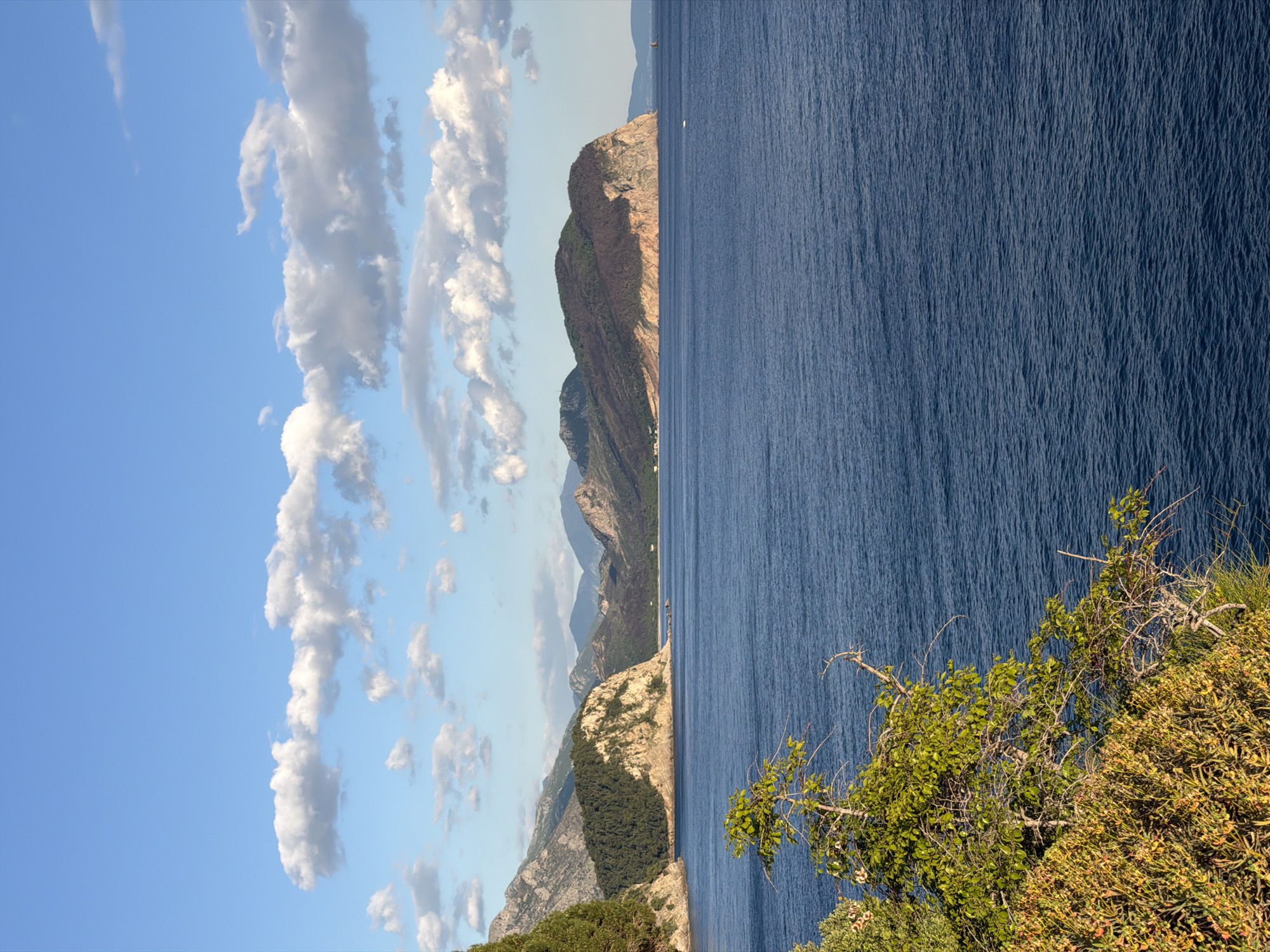 A breathtaking coastal panorama of Mirište, Montenegro, unfolds under a vibrant blue sky dotted with scattered white and grey cumulus clouds, indicating clear and fair weather. The horizon line neatly divides the scene, showcasing a dramatic mountainous coastline merging with the vast expanse of the Adriatic Sea.
The rugged mountains, prominent in the midground, display a palette of earthy tones—browns, greys, and greens from scattered vegetation. Sunlight illuminates their peaks and slopes, creating striking contrasts with shadowed areas that reveal their deep contours and textures. Along their base, the deep blue sea gently meets the land, forming a picturesque bay. In the far distance, faint outlines of additional landmasses are visible, subtly softening into the atmospheric haze.
The lower portion of the image is dominated by the calm, deep blue water of the sea. Its surface is intricately textured with countless small, parallel ripples, catching the light and creating a dynamic, almost patterned appearance. A few tiny, indistinct white specks, possibly distant boats, can be seen on the water near the horizon.
In the lower right foreground, lush green and yellowish-green vegetation, comprising bushes and tree branches, frames the scene, indicating an elevated viewpoint overlooking the stunning seascape. The bright, angled sunlight suggests the photograph was taken in the late morning or early afternoon. There are no people, explicit activities, or visible text in the image.