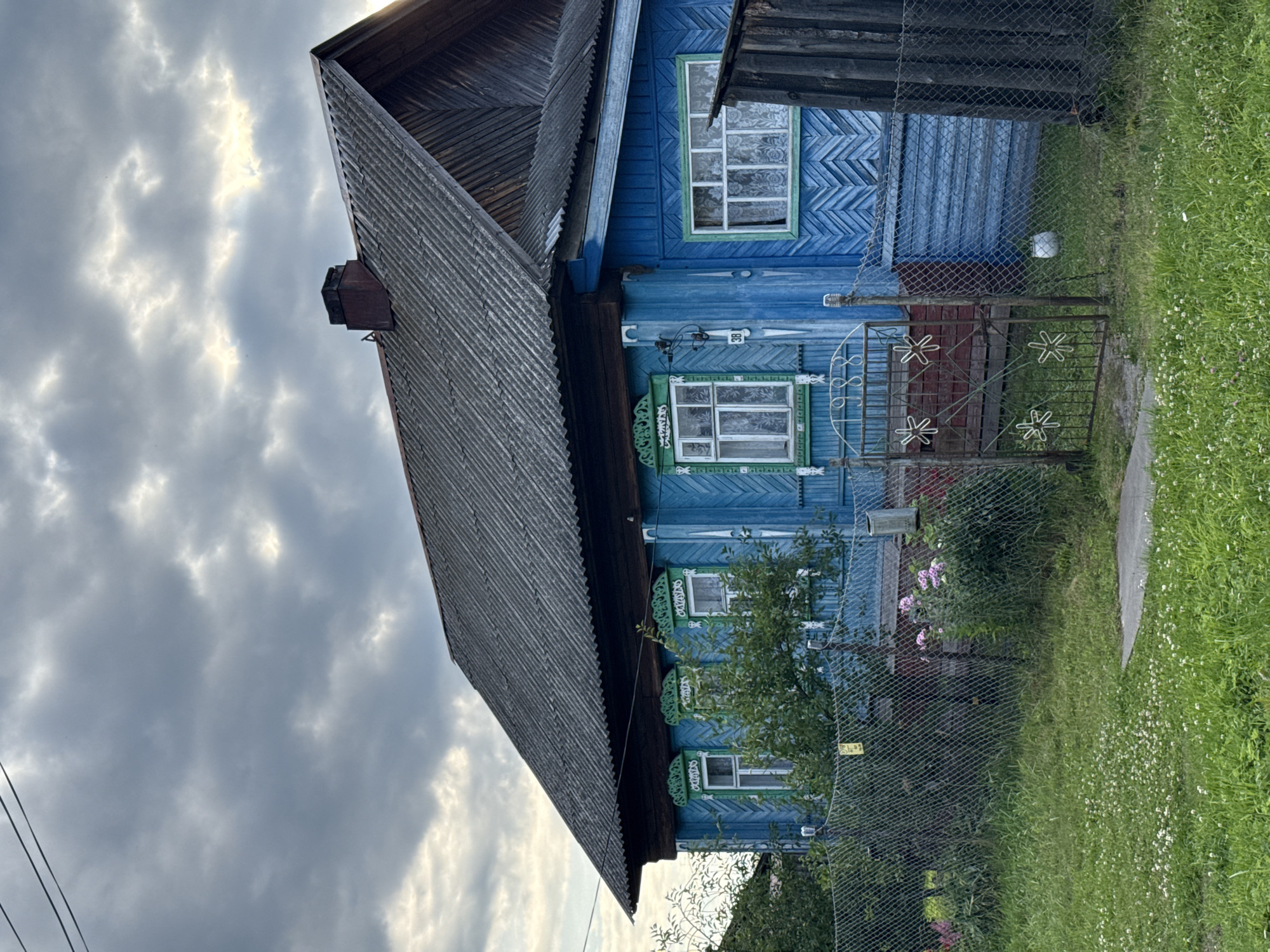 The image depicts a rustic, weathered wooden house painted bright blue, located in the city of Vetluzhsky, Russia. The house features ornate green trim around its windows, which are covered with lace curtains. A corrugated metal roof slopes down, with a brick chimney visible on the left side. The house is partially obscured by green foliage and a chain-link fence that runs across the foreground. Beyond the fence, a patch of green grass is dotted with small white flowers. To the right of the house, a dark wooden structure stands. The sky is overcast with dramatic, gray clouds, suggesting a late afternoon or evening scene. There are no people or animals visible in the image.