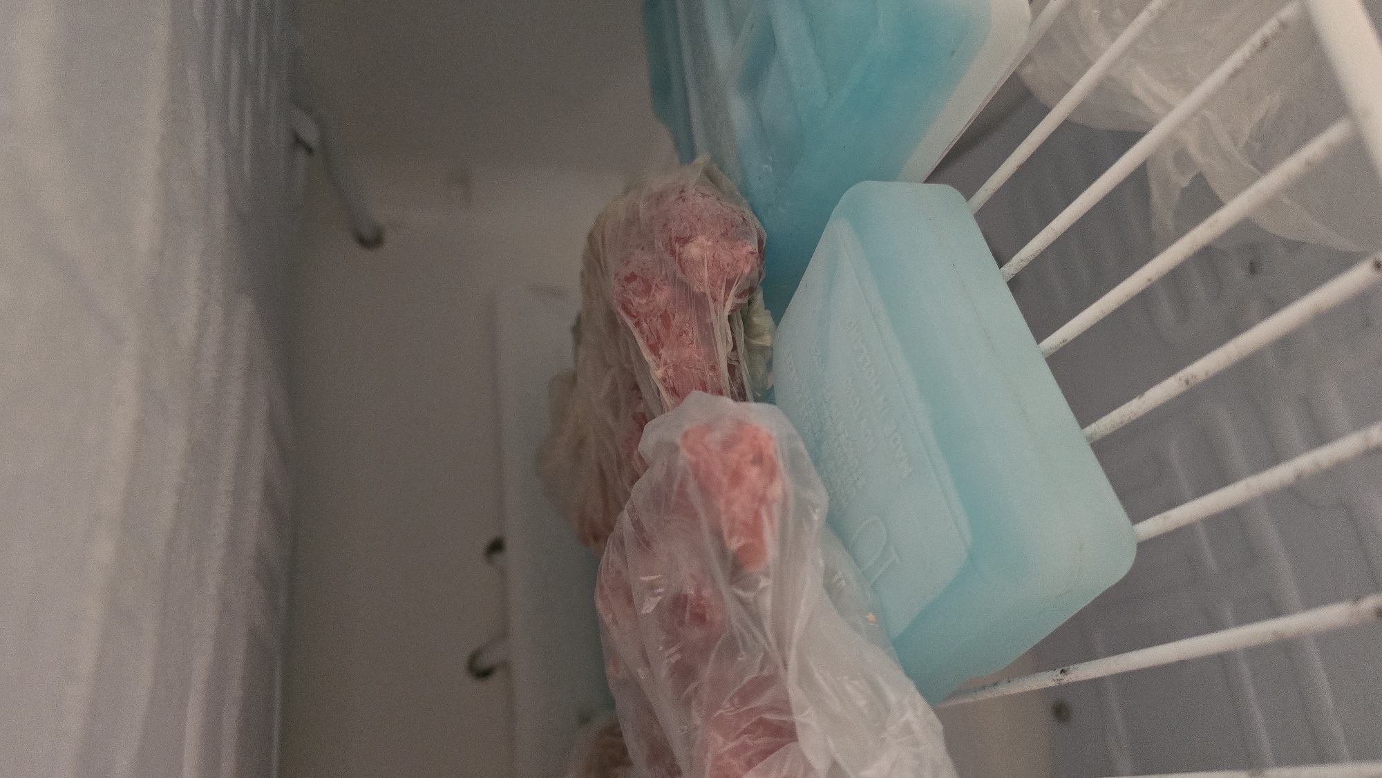 A close-up, interior shot of a freezer in Novohuivynske, Ukraine, reveals frozen food items stored on a wire shelf. The shelf, coated in a light layer of frost, supports several packages of raw meat, likely beef, wrapped in clear plastic. In the foreground, two rectangular, light blue ice packs are positioned on the shelf. The ice packs appear to be reusable and contain a gel or liquid, as indicated by their translucent appearance. The freezer's interior walls are visible in the background, with frost buildup also present on the ceiling. The lighting is dim and appears to be originating from within the freezer.