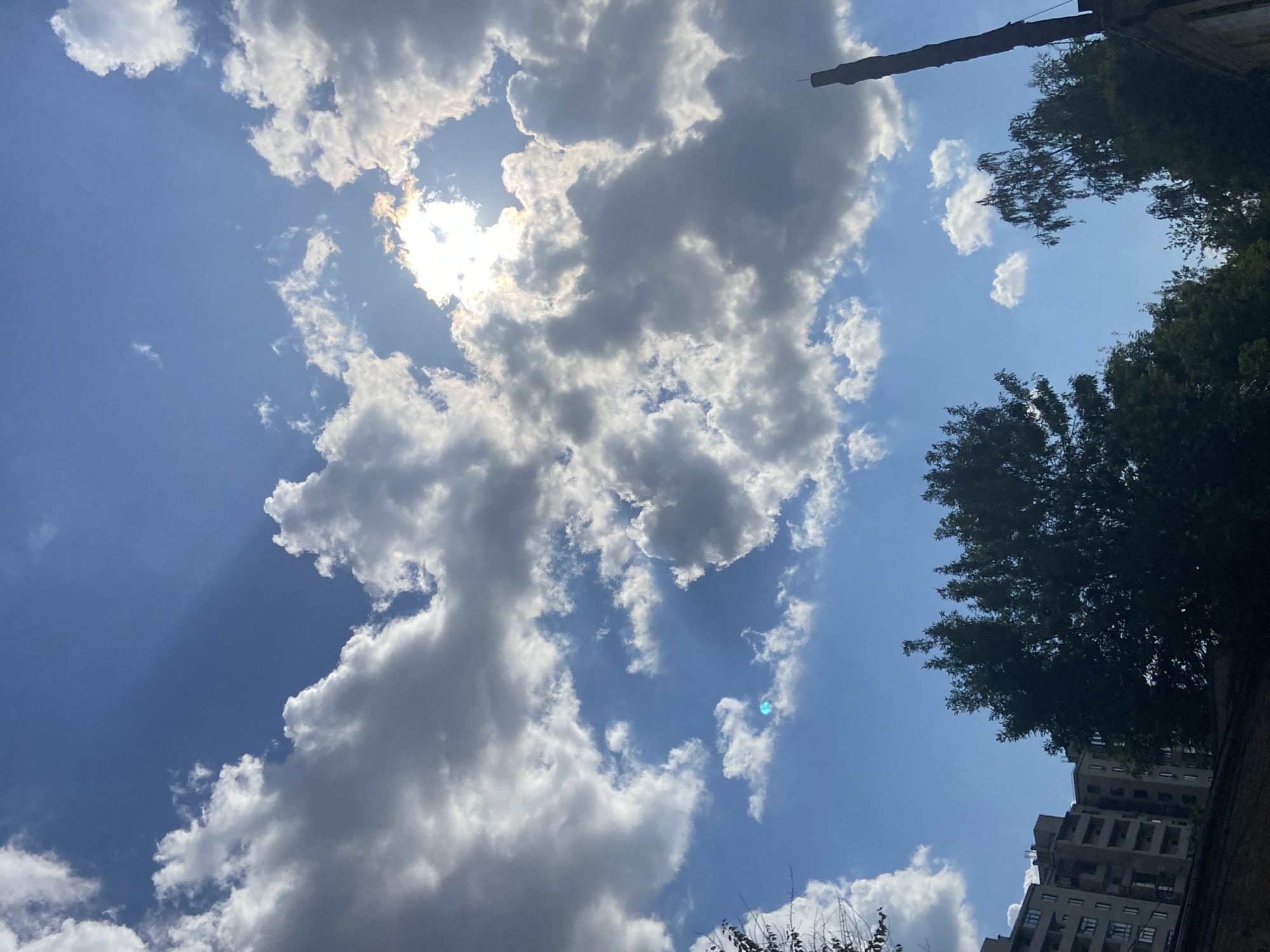 This media file is a photograph taken from a low angle, looking up at a bright, cloudy sky. The sun is partially obscured by large, white cumulus clouds, creating shafts of light that pierce through the atmosphere. A few smaller, wispy clouds are scattered across the vast expanse of blue sky.
In the upper right quadrant of the image, the dark, leafy canopy of a tree extends into the frame, and further down, the facade of a multi-story building with numerous windows is visible. A dark, cylindrical object, possibly a piece of infrastructure or a light pole, protrudes from the top of the frame on the right side.
The overall impression is one of a clear, sunny day, likely during daylight hours, with the sun's intensity softened by the clouds. The presence of trees and buildings suggests an urban or suburban setting. There are no people visible, and no text is present in the image. The mood is peaceful and natural, focusing on the interplay of light and cloud formations against a backdrop of sky.