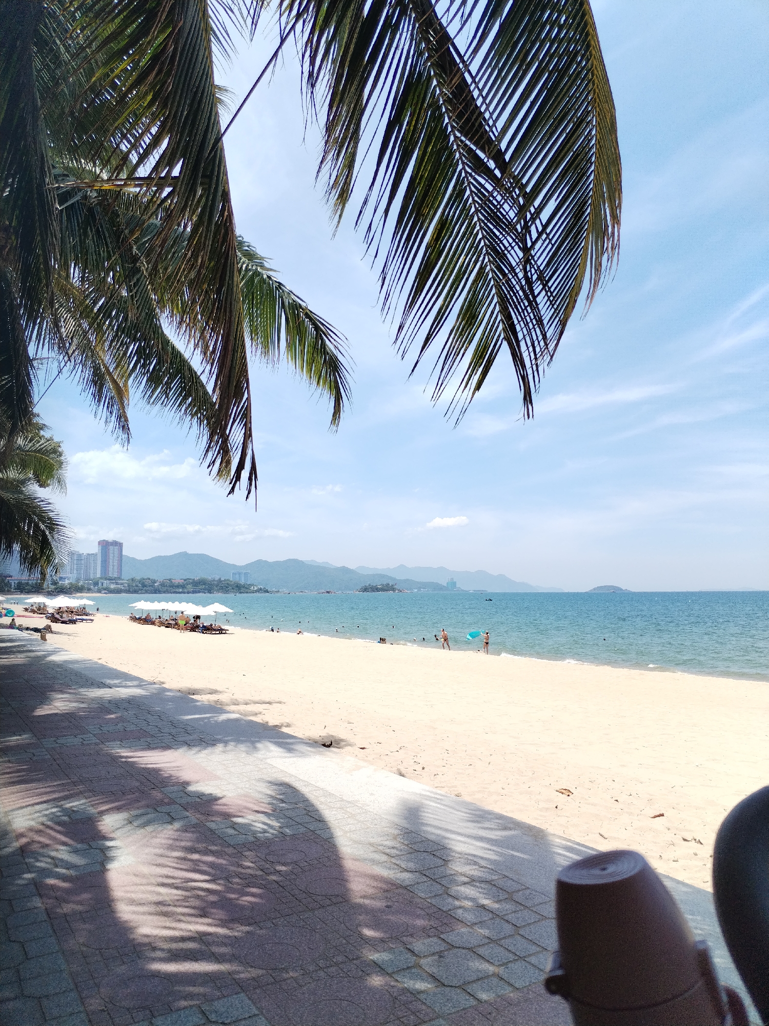 A scenic view of a beach in Nha Trang Ward, Vietnam, unfolds under a clear blue sky with sparse clouds. In the foreground, lush palm fronds hang over a tiled walkway, casting dappled shadows on the ground. Beyond the walkway, a wide expanse of golden sand stretches towards the turquoise ocean. The beach is dotted with white umbrellas and lounge chairs, suggesting a day of relaxation. Several people can be seen scattered along the shoreline and in the shallow water, some appearing to swim or sunbathe. In the distance, a line of buildings and verdant mountains form a picturesque backdrop against the horizon. The overall atmosphere is serene and inviting, capturing the essence of a tropical beach paradise.
