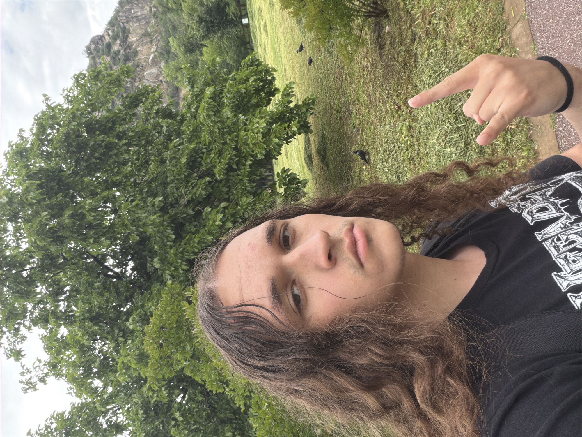 A person is taking a selfie outdoors, making a "rock on" hand gesture. The person has long, curly brown hair and is wearing a black t-shirt with white graphics. The background shows a grassy area with trees and a rocky hill. There are birds on the grass. The photo appears to have been taken in a park setting. Although not conclusively verifiable from the image, the location is most likely within the city of Plovdiv, Bulgaria.