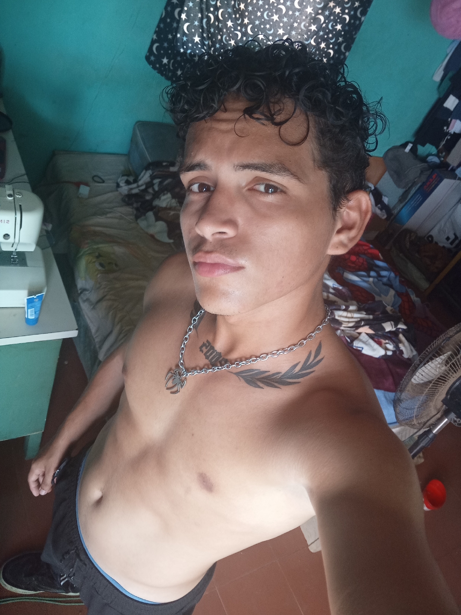 The media file is a selfie taken by a shirtless young man indoors. He has curly dark hair and is wearing a silver chain with a spider pendant and a tattoo of a laurel branch on his chest. He appears to be in a bedroom, with a bed visible in the background, covered in blankets and what looks like a sewing machine on a table to the left. The walls are a teal color, and a patterned curtain with moons and stars hangs above. To the right, there are piles of clothes and a standing fan. The lighting suggests it could be daytime.