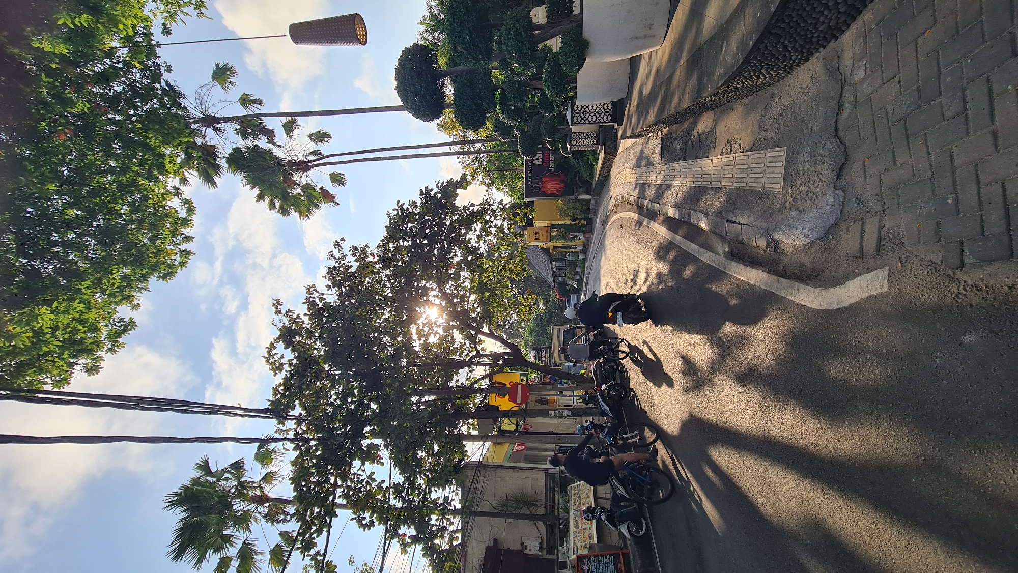 The image depicts a street scene in Denpasar, Indonesia, bathed in the golden light of the late afternoon sun. The road curves gently to the right, lined with lush green trees casting long shadows across the asphalt. On the left side of the road, several parked motorbikes are visible, with two individuals on bicycles riding away from the camera. A person on a scooter is also traveling away from the camera, in the right lane. The buildings on the left appear to be shops or restaurants, with signage including "HANOI" visible. On the right side of the street, there are elaborately shaped topiary trees in large white pots. Overhead, power lines stretch across the frame, and a woven lantern hangs from a tree branch. The sky is partly cloudy, with the sun shining brightly through the canopy of a large tree in the center of the image. The pavement on the right includes a textured tactile paving strip, indicating a pedestrian pathway. The overall impression is of a vibrant, tree-lined street in a tropical urban environment.