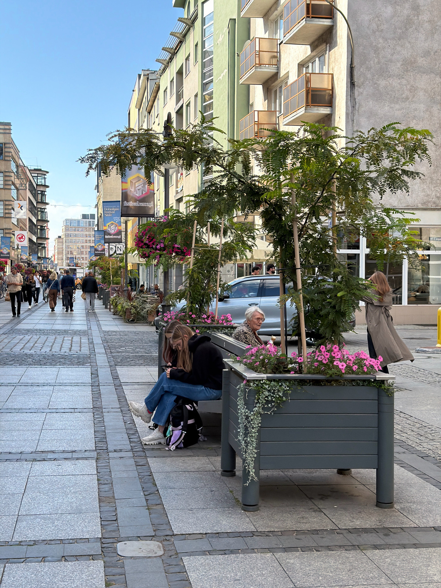 The image depicts a street scene in Wrocław, Poland, specifically on a pedestrianized street lined with buildings. On the right side, a modern, gray planter box filled with pink flowers and trailing greenery stands prominently. Two women are seated on a bench near the planter. One, wearing a black hoodie and blue jeans, is looking at her phone. The other, an older woman in a leopard-print top, is looking to her left. Behind them, a woman in a long trench coat is standing, looking towards the planter.
The street is paved with gray stone tiles and bordered by dark gray stone. Trees with green foliage are planted along the sidewalk, some with hanging baskets of pink flowers. Banners advertising "Dolnośląski Festiwal Nauki" (Lower Silesian Science Festival) and "festivalwrocl.pl" are visible hanging from poles in the background. Buildings with multiple stories and balconies line the street, some painted in pastel green and others in neutral tones. People are walking along the street in the distance, and a light-colored car is parked on the right side of the road. The sky is clear and blue.