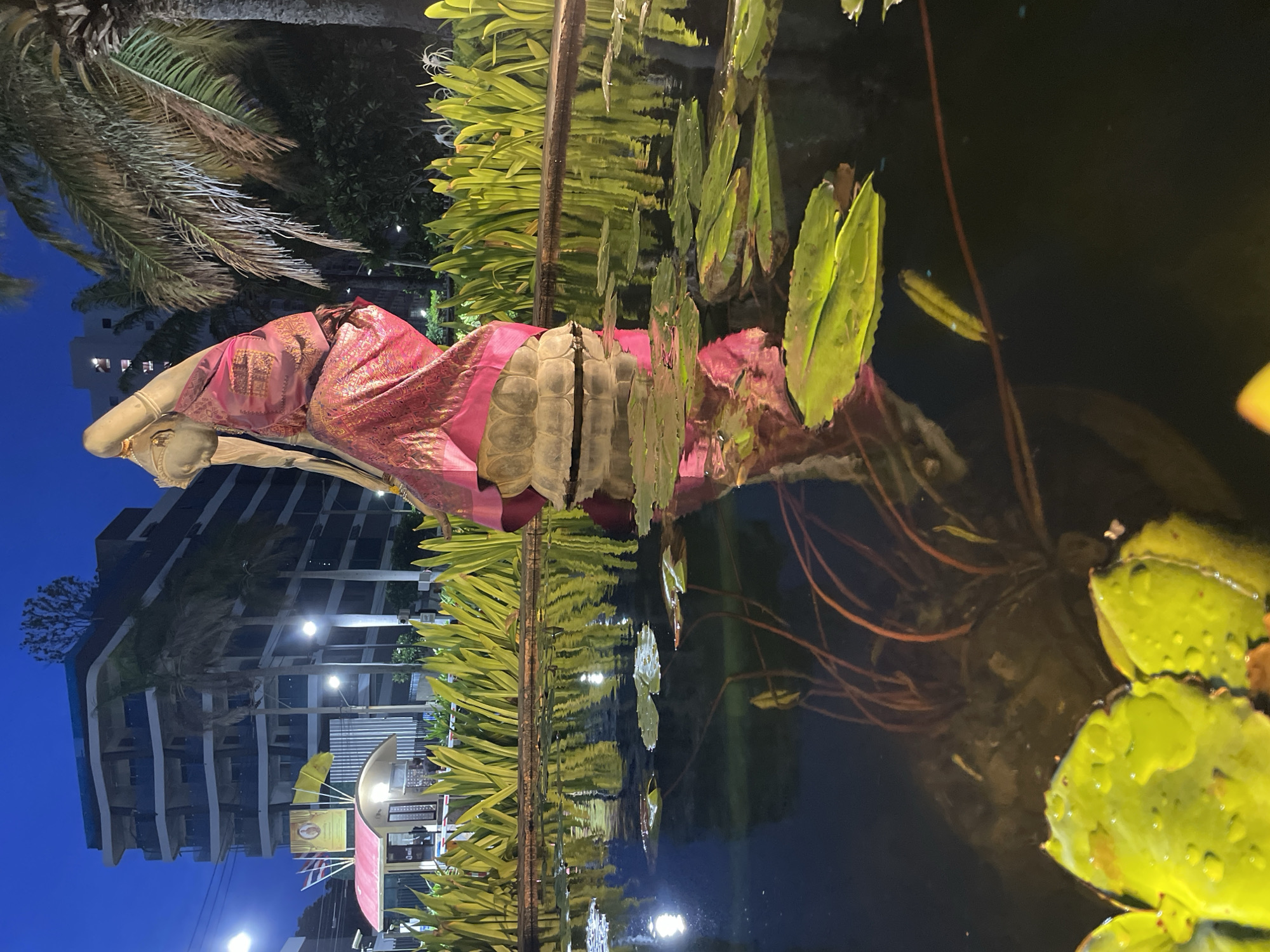 In Pattaya City, Thailand, a statue of a woman adorned in a pink and gold patterned dress is the focal point, positioned in the center of a pond filled with lotus plants. The statue's base appears to be made of stone, sculpted to resemble a lotus flower. The surrounding environment features lush green foliage and palm trees, with a modern hotel visible in the background. The scene is illuminated by artificial lights, creating a reflective effect on the water's surface, and the sky is dark, suggesting it is nighttime or early morning. The image captures a tranquil, artistic display within an urban setting.