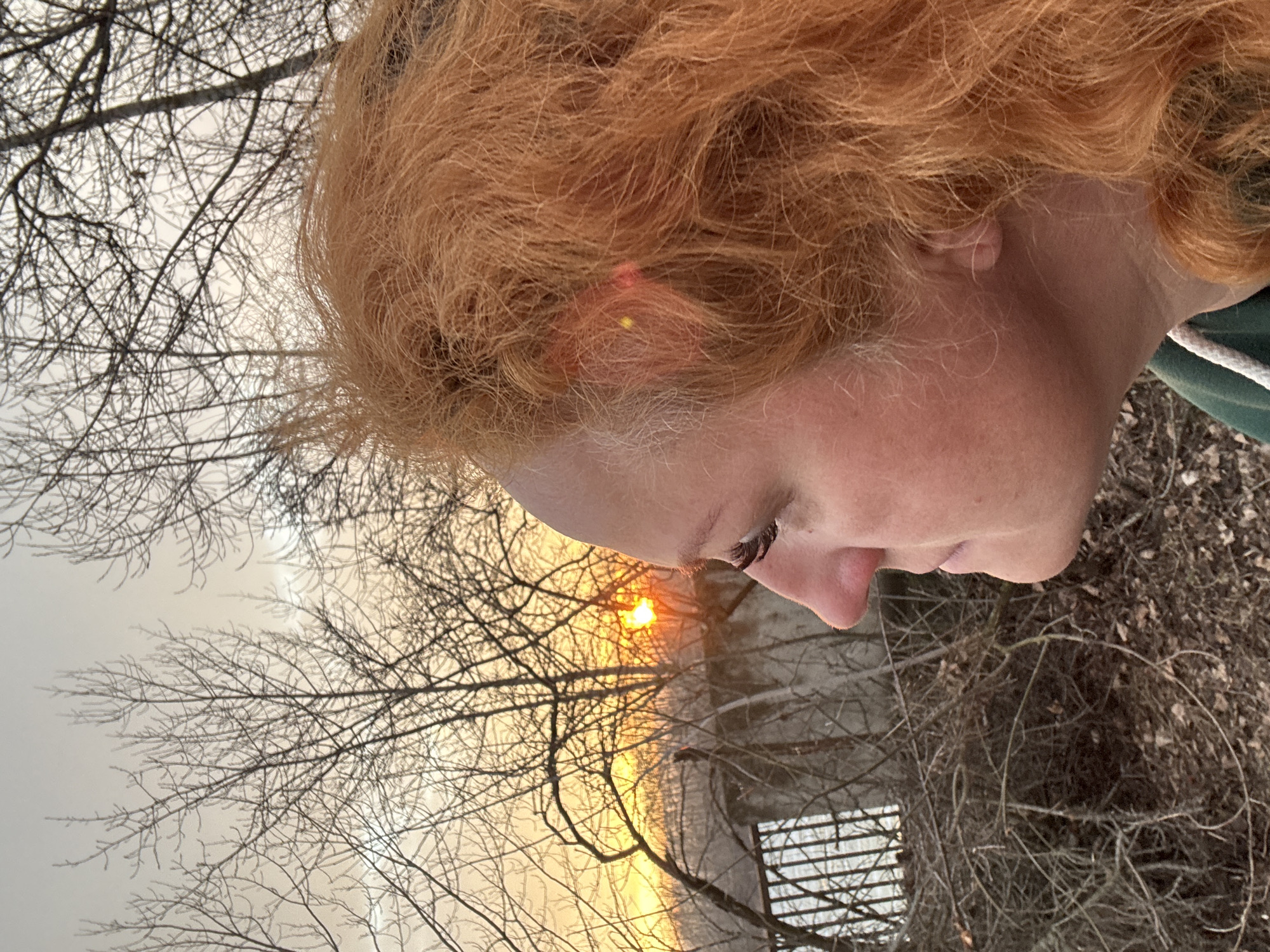 A profile of a woman with red hair is set against a background that includes bare tree branches, possibly a sunset, and an urban landscape. The location is Chaikovsky, Russia.
The woman's face is visible in profile, showing details such as eyelashes, nose, and skin texture. The red hair is styled in a loose and wavy manner.
In the background, bare tree branches extend towards the sky. The warm glow of what appears to be a sunset filters through the branches. An urban element is present, possibly a building or structure in the distance. The ground is covered in leaf litter.