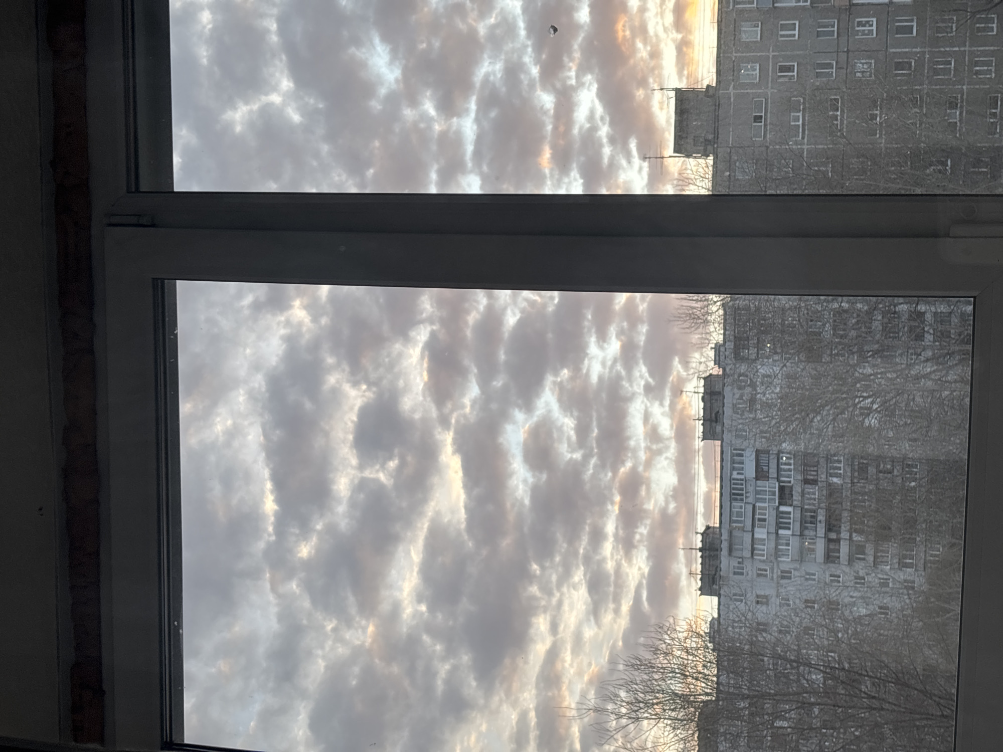 The image shows a view from a window in Perm, Russia, looking out towards an apartment building partially obscured by bare trees. The sky is filled with textured, grey and white clouds. The window frame is visible, and parts of the wall inside the room are also shown. The apartment building appears to be a typical Soviet-era residential structure.