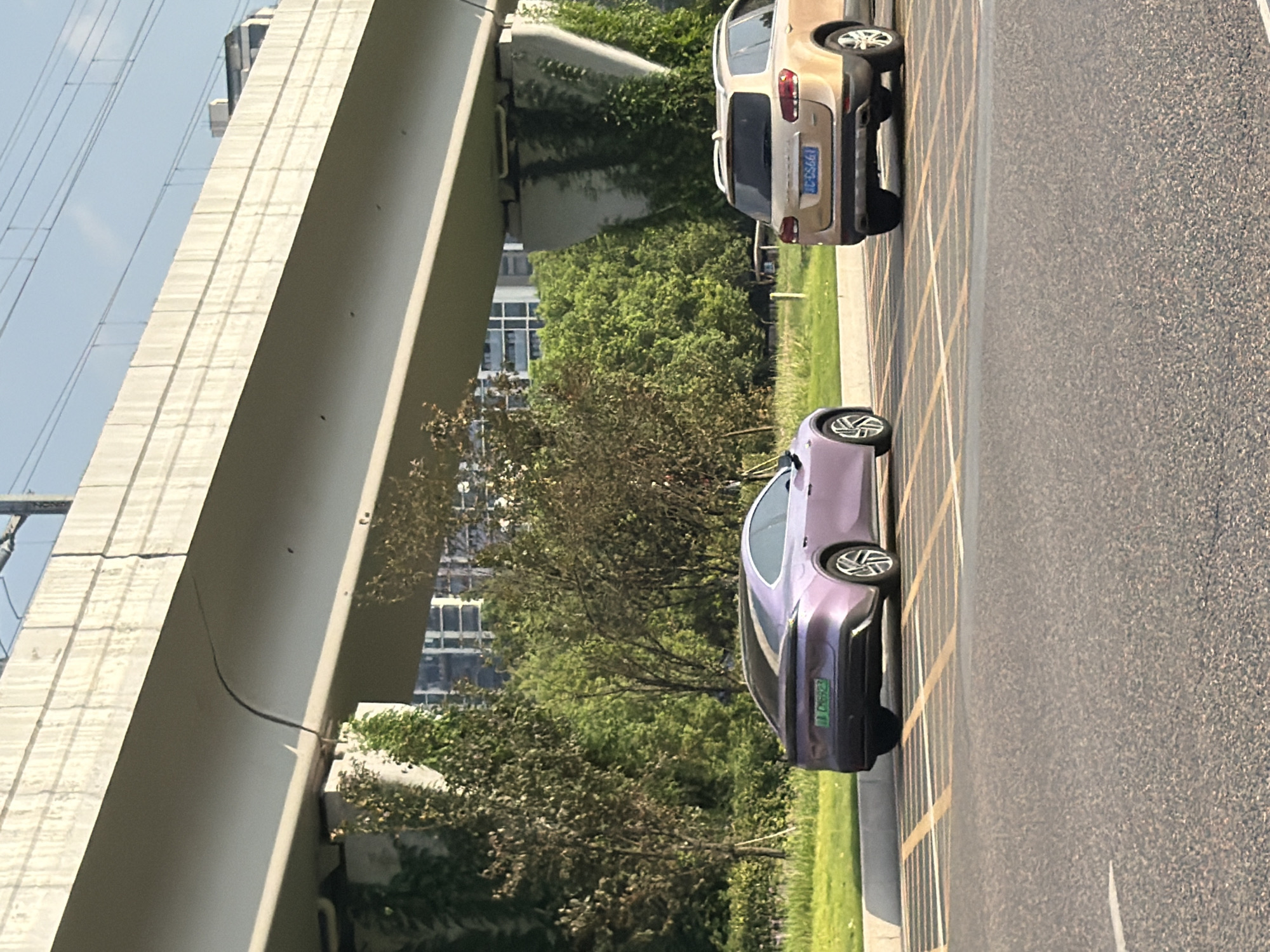 The image depicts an outdoor urban scene, likely in Jiangjin, China, under a bright sky. A substantial concrete overpass dominates the upper portion of the frame, with visible supports and overhead wires. Beneath the overpass, dense green foliage and trees are abundant. In the foreground, a paved road is visible with yellow parking lines. Two cars are parked on the side of the road. A sleek, purple sedan is parked on the left, displaying a green license plate. To its right, a beige SUV is parked, also with a license plate visible. The overall environment suggests a developed urban area with infrastructure and vegetation.