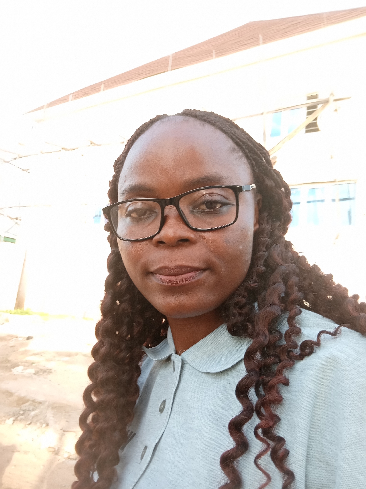 This is a medium shot, close-up selfie of a Black woman wearing glasses and a light blue collared shirt. The woman has dark skin, braided hair that is dark brown with some lighter reddish-brown highlights, and she is looking directly at the camera. The background shows a building with large windows and some overhead structures. The lighting suggests it is daytime, likely outdoors, with a bright sun casting some shadows. The overall atmosphere appears casual and relaxed. The location is identified as Jalingo, Nigeria. There is no visible text in the image.