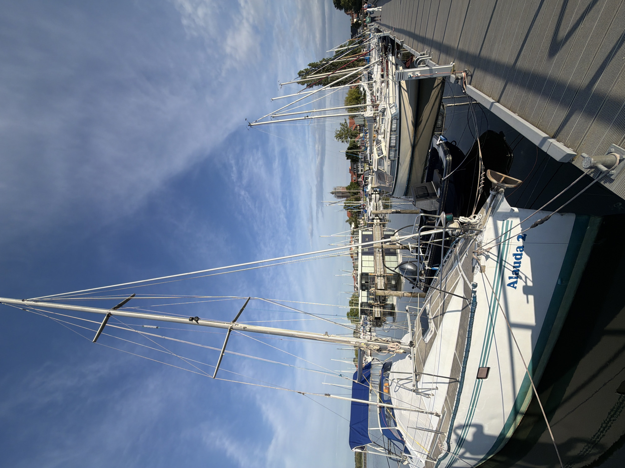 The image displays a marina scene with several sailboats docked along a wooden pier. The sky is blue with scattered white clouds, indicating fair weather. The sun casts shadows on the pier and the boats, suggesting it is daytime, likely late morning or afternoon. In the foreground, a white sailboat named "Alauda 2" is prominently featured. It has a green stripe along its hull and a blue cover over part of its deck. Multiple other sailboats with tall masts and rigging are lined up behind it, some with people on board or visible in the background. Further back, buildings and trees can be seen, providing context for the location. The overall impression is one of a peaceful day at a harbor. The text "Alauda 2" is visible on the side of the sailboat in blue lettering. The scene appears to be located in Ribnitz-Damgarten, Germany, as suggested by the location context provided.