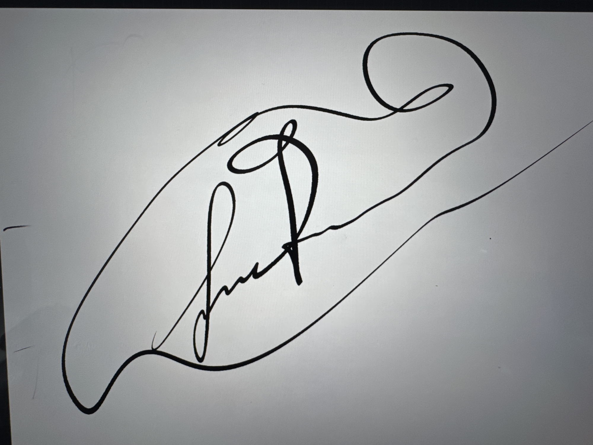 The image displays a black ink signature on a light grey, textured surface, likely paper. The signature is complex and stylized, featuring loops and flowing lines. It starts with a flourish on the left, curves upwards and to the right, then loops back down to form a central, prominent character that resembles a stylized 'R'. There are additional connecting lines and a trailing flourish to the right, creating an overall abstract design. The lighting appears to be from above and slightly to the left, casting subtle shadows and highlighting the texture of the surface. The image is a close-up view of the signature, with no other objects or environmental details visible. The signature is the sole subject of the photograph.