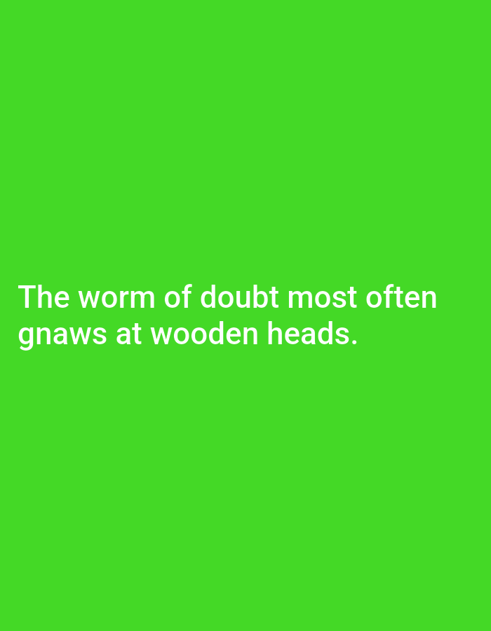 The image displays a uniform green background with white, sans-serif text positioned in the lower-center. The text reads: "The worm of doubt most often gnaws at wooden heads." No identifiable individuals, physical objects, actions, or specific environmental scenes are depicted.