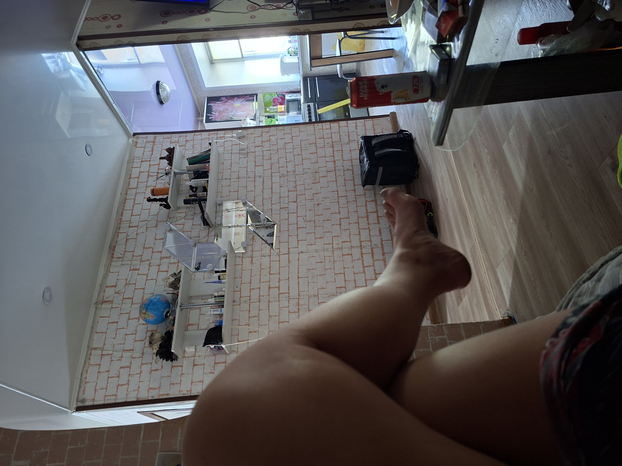 The image appears to be an interior shot of a living room or common area, possibly in an apartment. In the foreground, a person's legs and feet are visible, suggesting they are sitting or lying down. The person is wearing patterned clothing on their lower body.
The room features light-colored wooden flooring. A brick-patterned wallpaper covers the wall in the background. On a shelf mounted on this wall, there are several decorative items, including a globe, what appear to be figurines or chess pieces, and some bottles or containers. A backpack sits on the floor near the wall.
Further in the background, a kitchen area is visible with appliances like a microwave and a stove. A window lets in natural light. There is a table with a glass top in the middle ground, on which rests a can with a red and white label, a straw, a cigarette lighter, and other small items. A red bottle is also visible on the floor near the table.
The overall impression is that of a casual, lived-in space. The presence of a backpack and a beverage suggests a moment of relaxation or pause. There are no explicit indicators of the specific city or region within Kazakhstan, beyond the user's request to associate it with Ridder. The scene does not contain any elements that would definitively place it in Ridder, Kazakhstan, such as specific landmarks, signage, or unique architectural styles associated with that city.