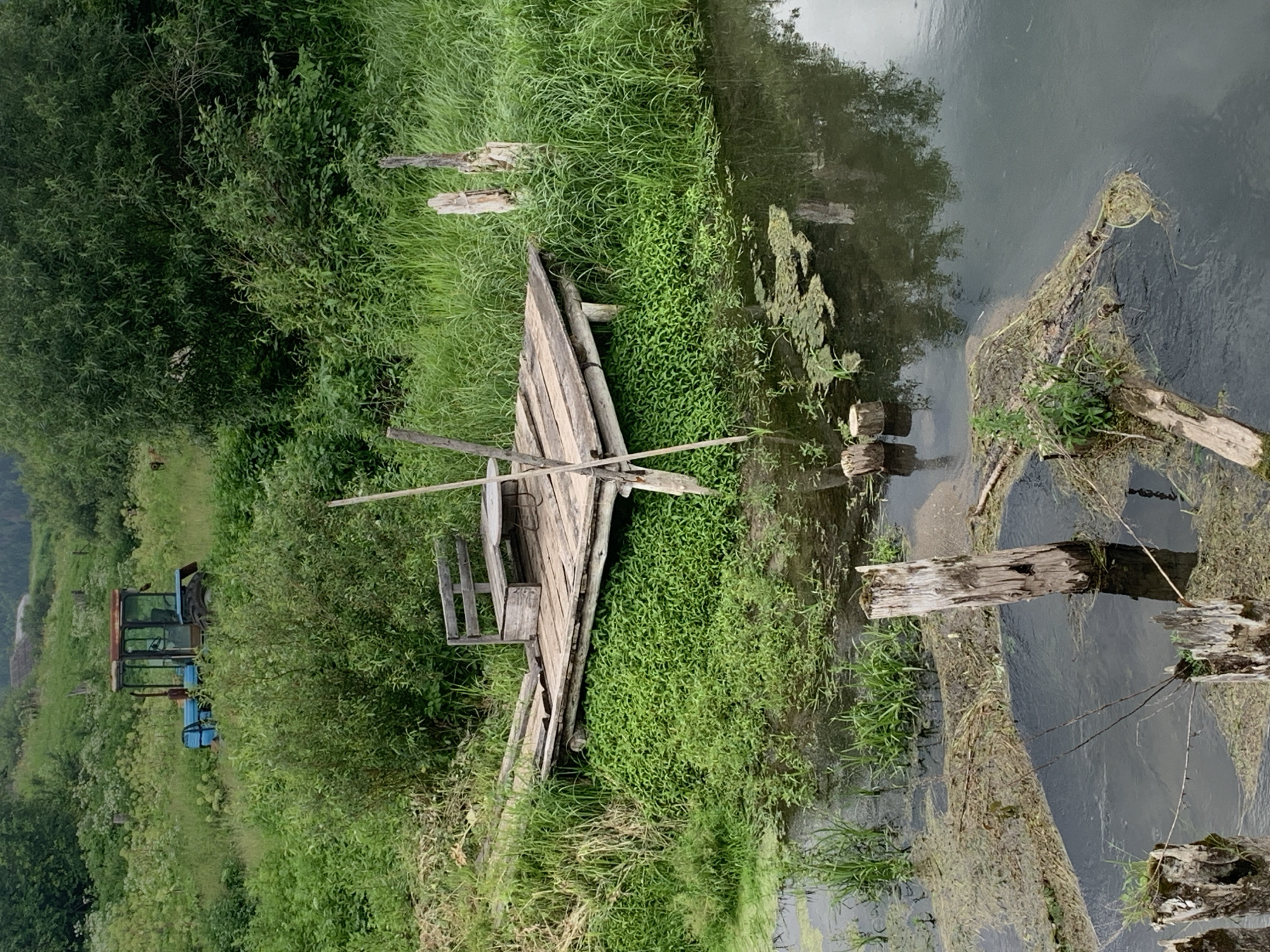 The image depicts a wooden dock with a bench and a table on it, situated next to a body of water. The dock is surrounded by lush green vegetation, including tall grass and smaller leafy plants. In the background, a blue tractor is visible amongst the greenery. The water appears murky with some floating debris and aquatic plants. Several wooden posts are sticking out of the water near the dock. The overall scene suggests a rural or natural setting, possibly a riverbank or a pond in a countryside area. The specific location in the city of Барсаи, Russia is not discernible from the image itself.