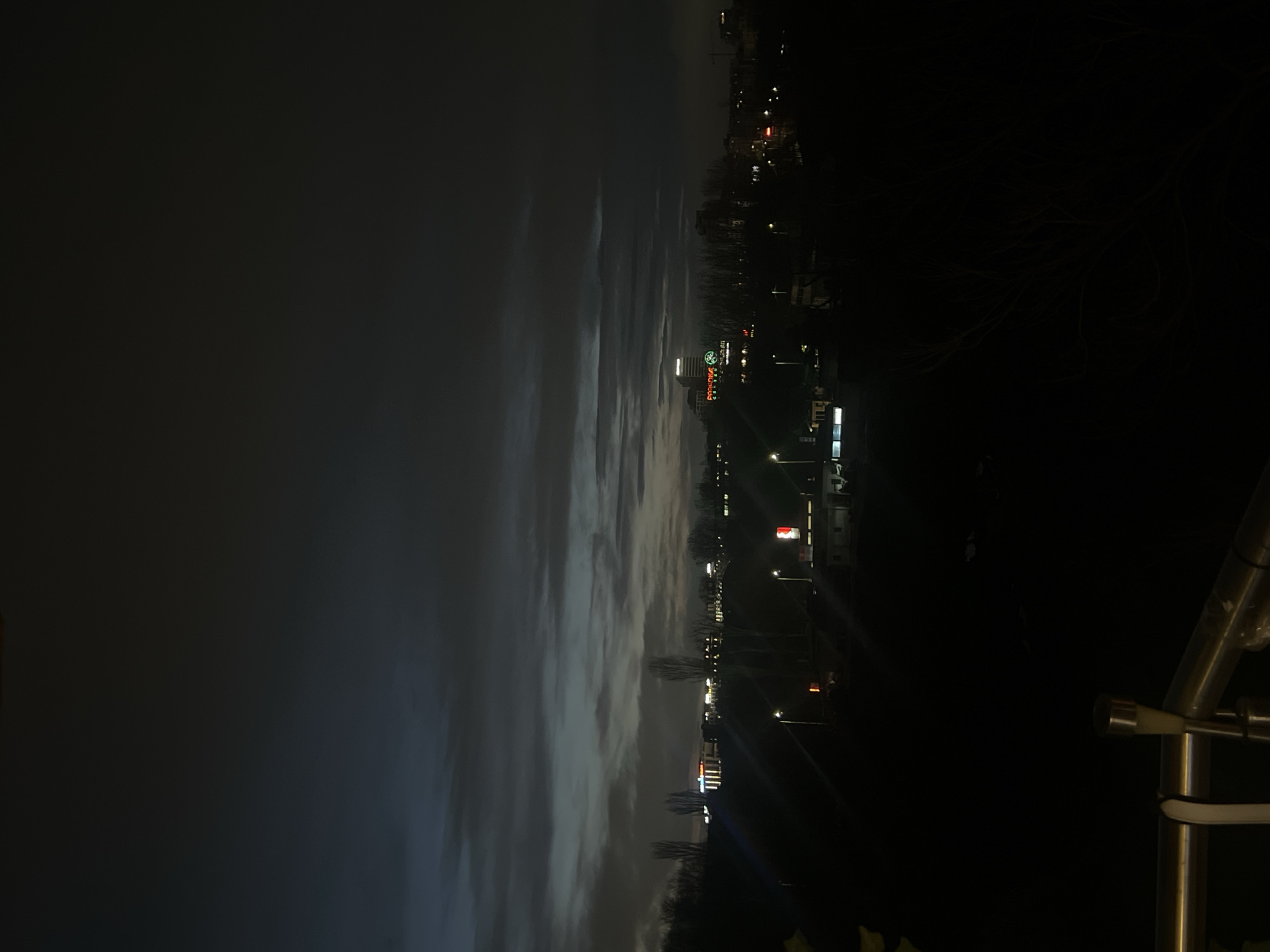 The image depicts a nighttime cityscape in Sofia, Bulgaria, under a heavily clouded sky. The skyline is a mixture of low-rise buildings and a few taller structures. A prominent building with illuminated signage is visible. Streetlights illuminate a road running horizontally through the scene. The foreground is largely dark. The picture is taken with the camera rotated by 90 degrees. A metal pole and a white strap are partly visible in the bottom right corner.