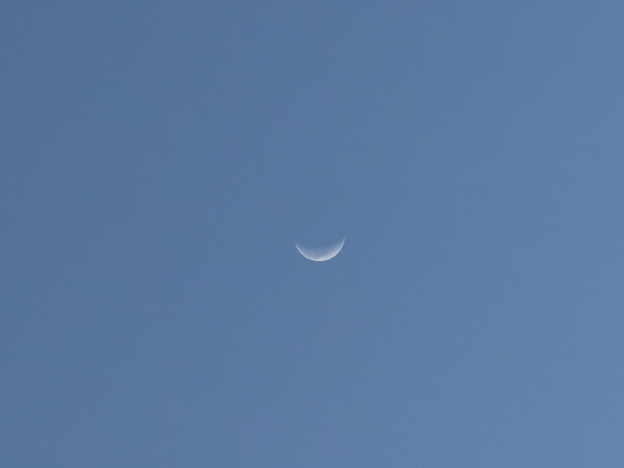 A crescent moon is visible in a clear, light-blue sky.