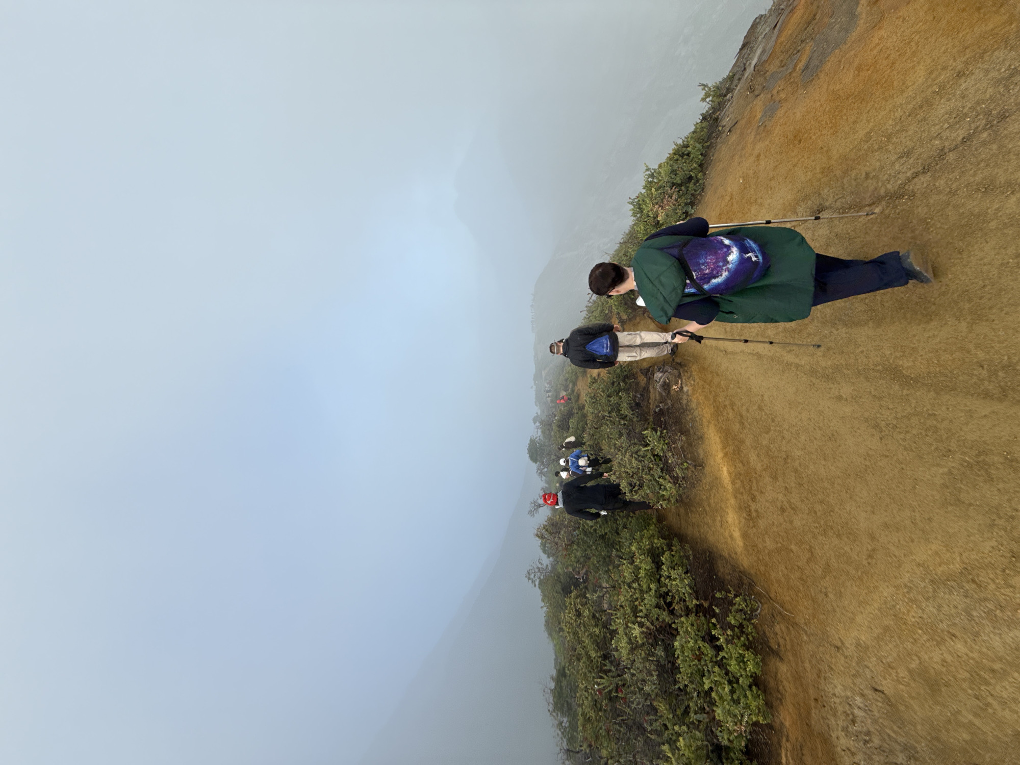 The image depicts a group of people hiking on a mountain trail. The location is Unknown, Indonesia. The scene is shrouded in heavy fog, limiting visibility. The terrain is a mix of grassy slopes and rocky outcrops. Green vegetation, likely shrubs, lines the edge of the trail. Several individuals are visible, some using hiking poles. The hikers are dressed in a variety of clothing, including jackets and backpacks.
