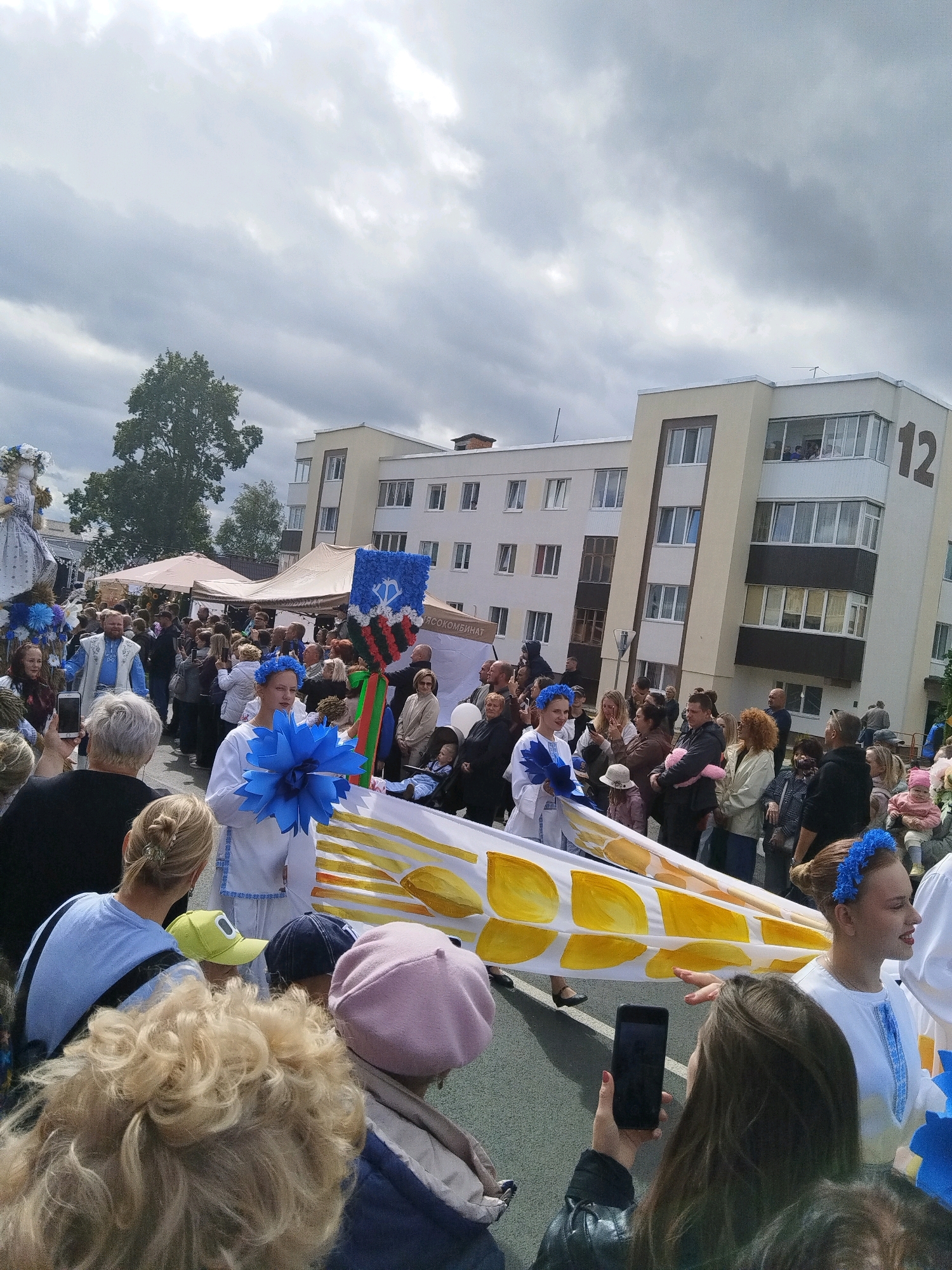 This is a photograph taken outdoors in a city, likely during a daytime event or parade. The scene is crowded with people of various ages. In the foreground, several individuals are visible, with their backs or sides to the camera, suggesting a perspective from within the crowd. One person is holding up a smartphone, actively taking a picture or video of the event.
Dominating the midground are participants in what appears to be a procession. Several young women dressed in traditional or ceremonial attire, featuring blue floral headbands and white embroidered tops, are walking. One woman is holding a large, blue, paper-like flower. They are carrying a long, rolled banner decorated with yellow and white abstract shapes resembling wheat or abstract patterns. Behind them, a man in a blue and white traditional garment is also part of the procession.
Further back, more people are gathered, some under tents or awnings, indicating a public gathering or festival. A tall, light-colored building with multiple windows and balconies is visible in the background, with the number "12" prominently displayed on its facade. The sky is overcast with grey clouds, suggesting potentially mixed weather. The ground appears to be asphalt. The overall atmosphere suggests a communal celebration or cultural event.