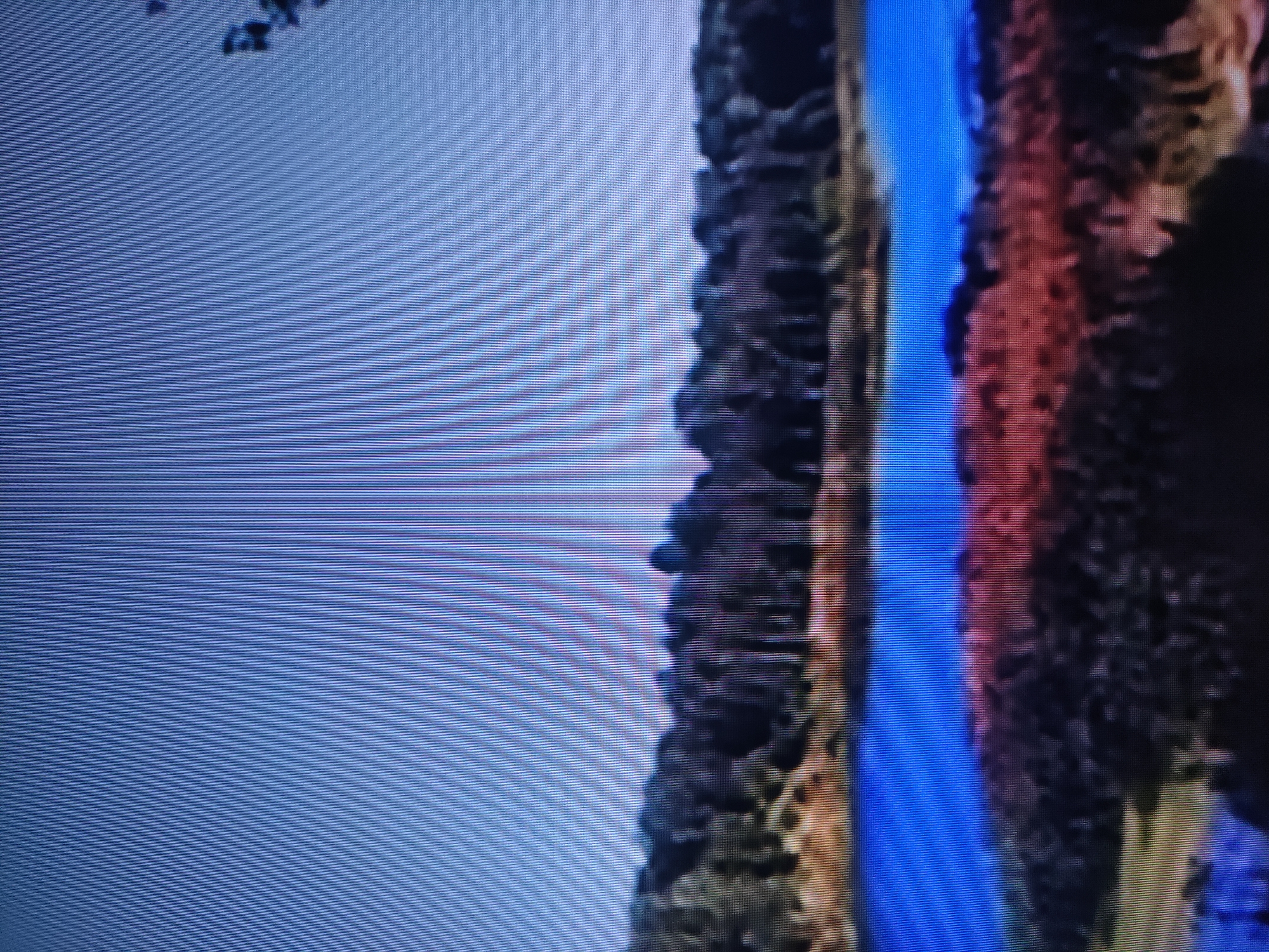 The image is a close-up photograph of a screen, evidenced by the prominent horizontal scanlines and pixel grid visible across the entire frame. The displayed image appears to be rotated 90 degrees clockwise.
When viewed in its natural landscape orientation (rotated 90 degrees counter-clockwise), the scene depicts a natural vista, likely a river or canyon. A vibrant blue body of water, possibly a river, flows through the middle of the composition. On either side of this blue channel are rugged, elevated landmasses. The landform on the left (after rotation) is predominantly dark brown and black with a coarse, uneven texture, suggesting rocky cliffs or dense, shadowy vegetation. The landform on the right features similar ruggedness but is characterized by warmer reddish-brown and earthy tones, possibly indicating different rock types or autumnal plant life.
The upper portion of the scene (after rotation) transitions to a lighter blue, which could represent the sky or a more expansive body of water. Some indistinct, darker shapes are subtly visible in the far upper-left corner, potentially distant trees or features of the landscape.
No people, discernible activities, or visible text are present within the image. The scene captures a static natural landscape, presumably during daylight, given the overall illumination and color palette. The specific geological features do not provide direct visual cues to definitively place the location in Pavlodar, Kazakhstan, without additional context.