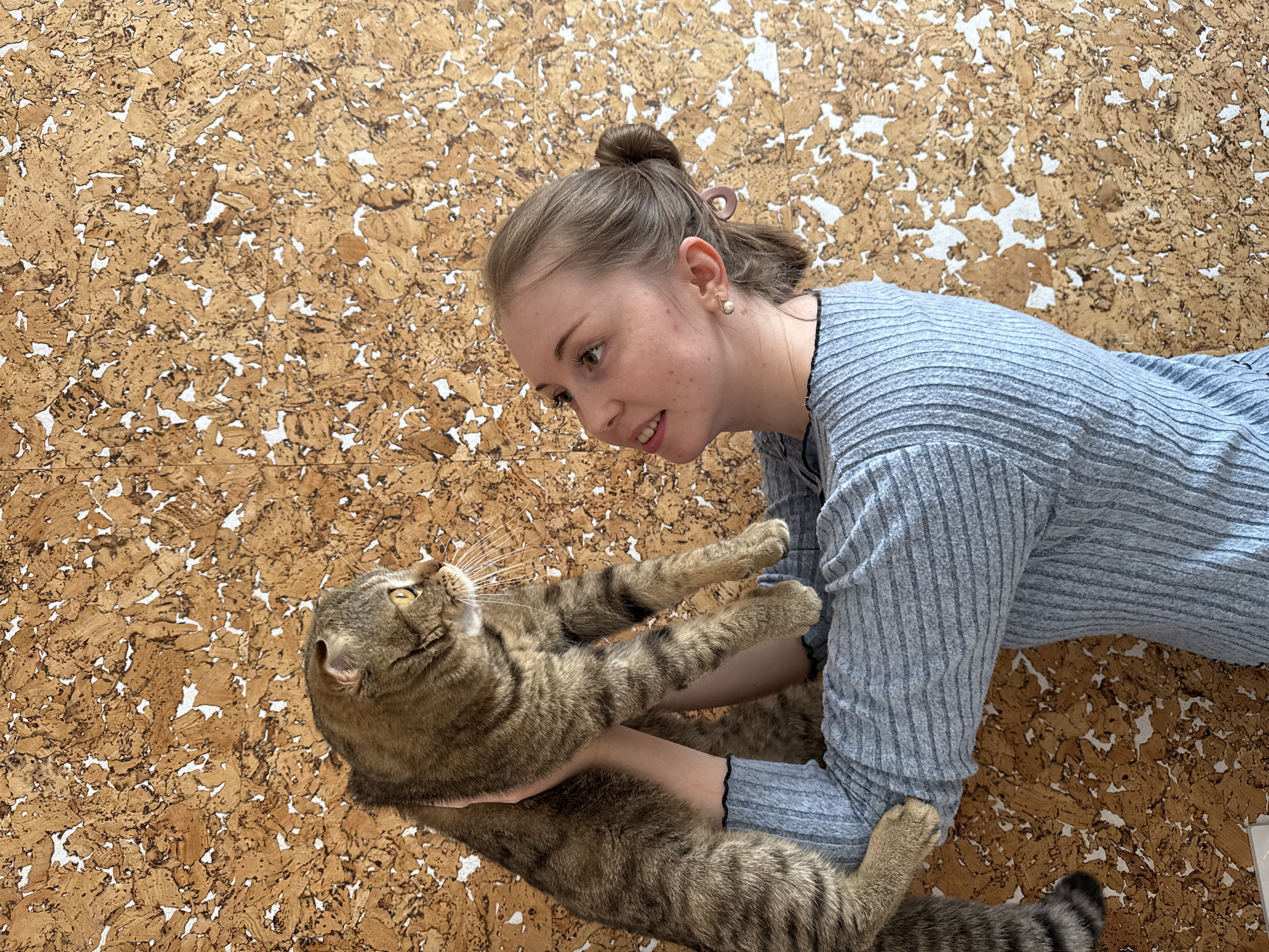 A young woman and a tabby cat are depicted in a playful interaction on a textured cork surface, likely a floor. The woman, positioned on the right side of the frame, is lying down and looking towards the cat with a gentle smile. She has light brown hair styled in a bun with a pink hair tie and wears a light blue, ribbed long-sleeved top and pearl earrings. Her head is turned to her left, and her gaze is directed at the cat. The tabby cat, held in her arms, has distinctive brown and black stripes and bright yellow eyes. Its front paws are slightly raised, and it is looking upwards, possibly at the woman or something beyond her view. The entire background and foreground surface is covered in a composite cork material, featuring a mottled pattern of various shades of brown cork pieces interspersed with lighter areas. The natural lighting suggests it is daytime, highlighting the warm, affectionate mood between the two subjects. No text is visible.