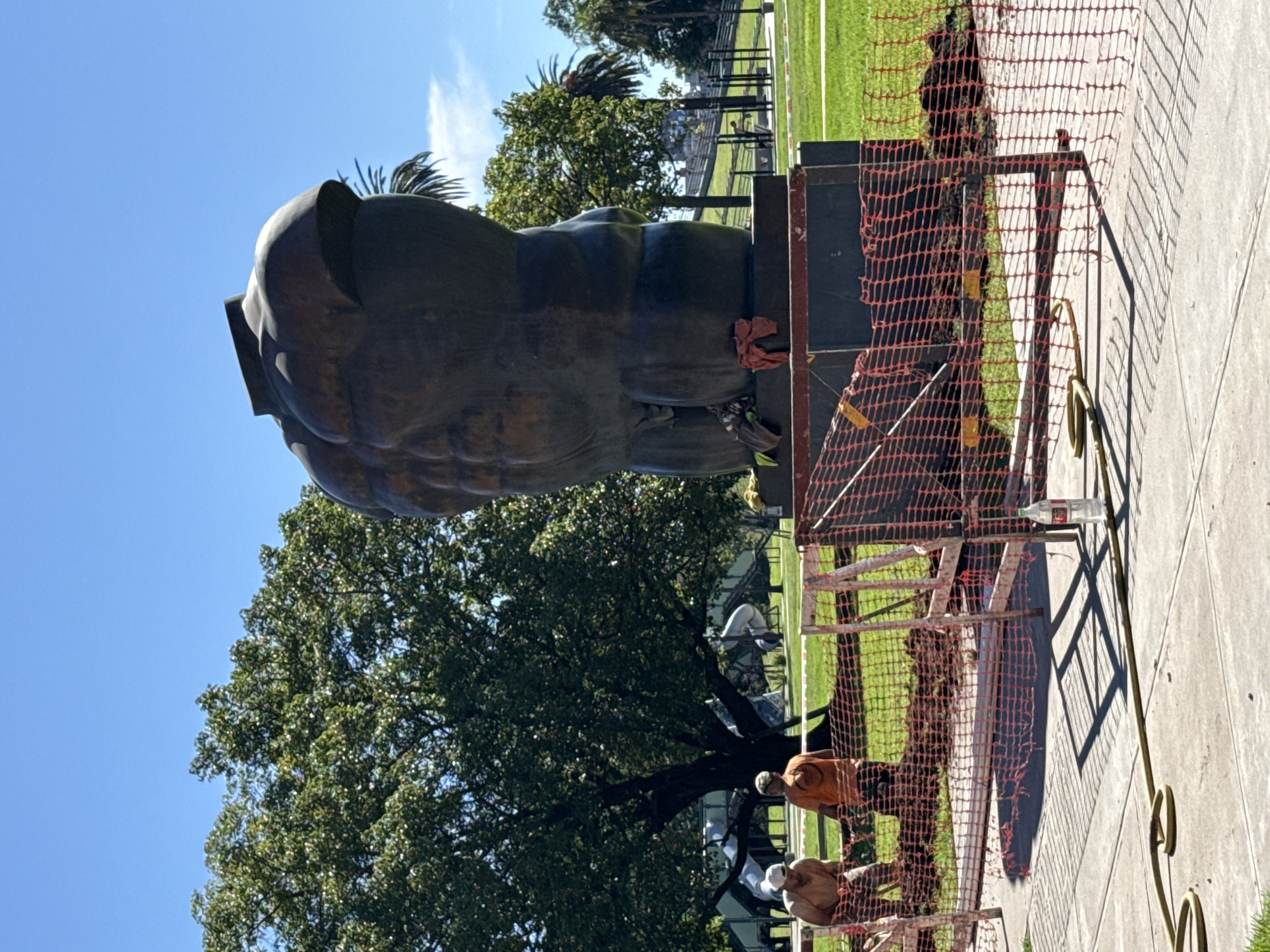 A large, dark-colored bust or torso statue, possibly made of bronze, stands prominently outdoors under a clear blue sky. The statue rests on a dark, rectangular base. In the foreground and partially obscuring the base, an orange safety netting fence is erected, indicating a work zone.
Behind the netting, several individuals, presumably workers, are present. One person in an orange shirt is visible in the mid-ground, while others in lighter clothing are further back near the statue's base, appearing to be engaged in tasks related to the sculpture. On the concrete ground near the netting, a plastic water bottle lies beside a decorative, golden metal object, possibly a railing element.
The surrounding environment is a sunny park or public square, featuring expansive green grass and numerous trees, including large leafy trees and palm trees in the background. Bright daylight casts strong, distinct shadows from the netting and the golden object onto the pavement, confirming the clear weather. Small red and green fabric items are visible at the base of the statue, possibly rags or markers. There is no visible text in the image. The scene depicts activity around the statue, suggesting either installation, maintenance, or removal.