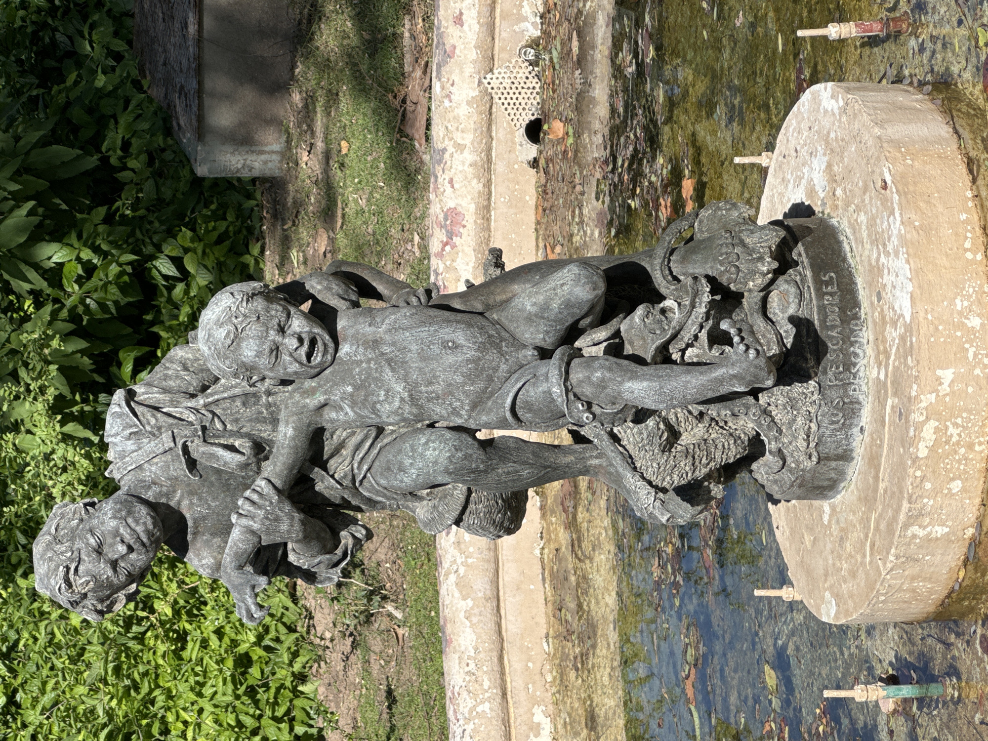 A weathered bronze statue is prominently featured in a sunlit outdoor setting, likely a park or garden in Buenos Aires, Argentina. The statue depicts a dynamic and emotional scene involving multiple figures, appearing to be two adults and a child, or three individuals intertwined in a struggle. One figure, positioned centrally, has an open mouth, conveying a sense of shouting, strain, or distress, while another figure's face is seen looking downwards, with hands firmly gripping something, suggesting intense physical effort. The figures appear entangled with each other or with a feature of the sculpture, possibly representing nets, ropes, or a marine creature.
The bronze sculpture rests on a circular, light-colored stone base, which is partially submerged in a shallow, somewhat murky body of water. Several small pipes or spouts protrude from the base into the water, indicating its function as a fountain. The water contains fallen leaves and reflects the bright daylight. Lush green foliage and grass surround the water feature, with some concrete or stone paving visible along the edge.
Bright sunlight casts strong shadows, highlighting the texture and details of the bronze figures. On the base of the statue, the word "PESCADORES" is clearly visible, and below it, partially obscured, the word "SCADOS" or "PESCADOS" can be discerned. This text, translating to "fishermen" or "fish," strongly suggests the statue's theme is related to fishing, with the figures potentially struggling with a catch or the elements.