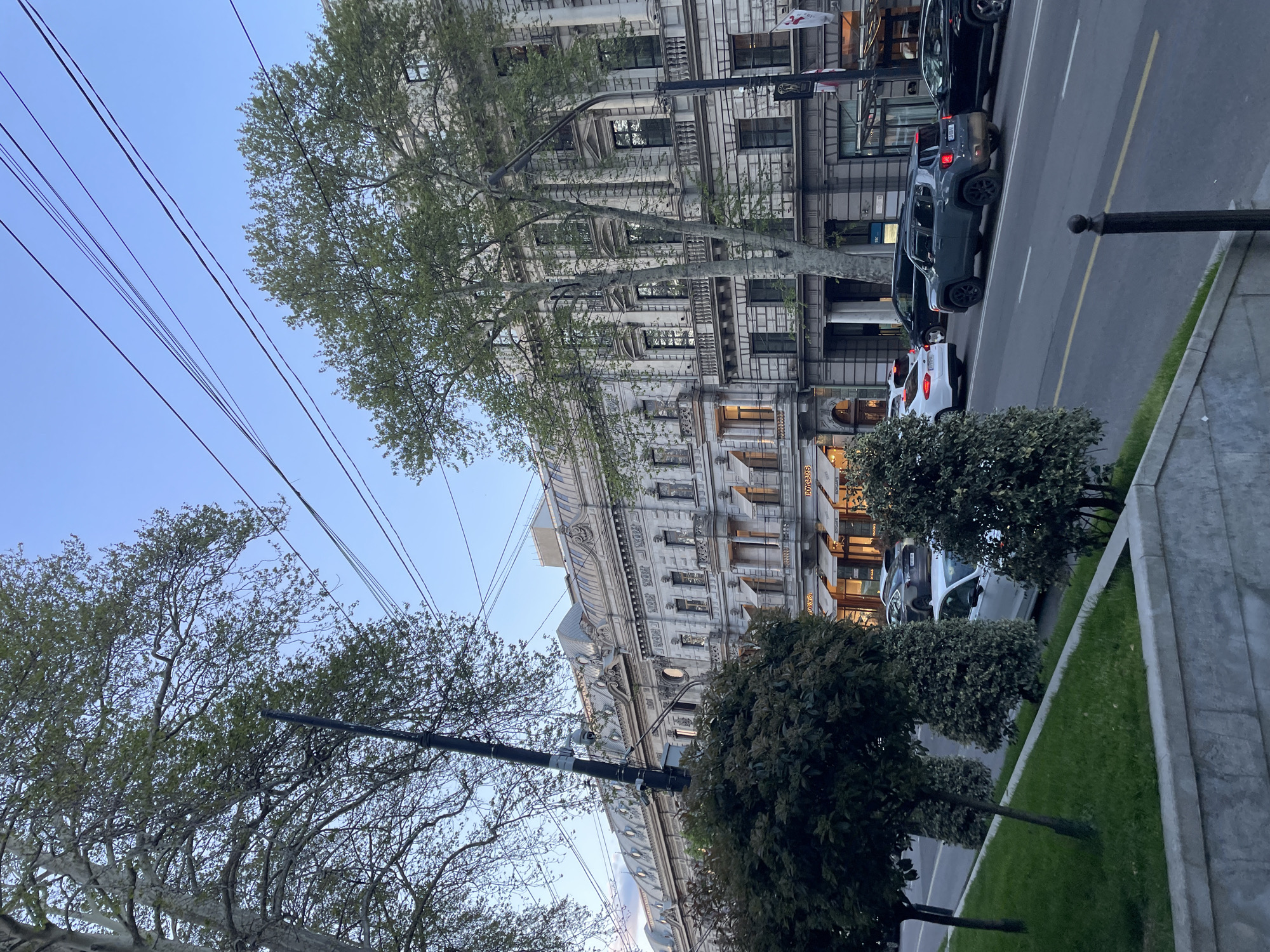 This image depicts an urban street scene in Tbilisi, Georgia, captured during the late afternoon or early evening, as indicated by the soft natural light and illuminated building signs.
The primary subject is a grand, multi-story building on one side of the street, showcasing intricate classical architecture. Its facade, possibly made of light-colored stone or stucco, features numerous decorative elements such as pilasters, cornices, and balconies. Many windows are visible, and some internal or facade lights are already on, casting a warm glow.
Running parallel to the building is a paved street, where several modern cars are parked. These include dark-colored SUVs or crossovers, and a white car further down the road. The street has clear markings, including a white solid line and a yellow dashed line.
Between the building and the street, mature trees with light green foliage, indicative of spring or early summer, provide natural elements. Further along, a grassy median or sidewalk strip features neatly trimmed bushes and smaller trees. A dark utility pole stands prominently in the foreground, with multiple black overhead wires crisscrossing the clear, light blue sky above.
Visible text on a sign attached to the building reads "BOYARSA" (or similar, such as "BOYARSIA") in yellow-orange letters. Another partially visible sign above it seems to display "TBC BANK". The overall atmosphere is calm and typical of a bustling city transitioning from day to evening.
