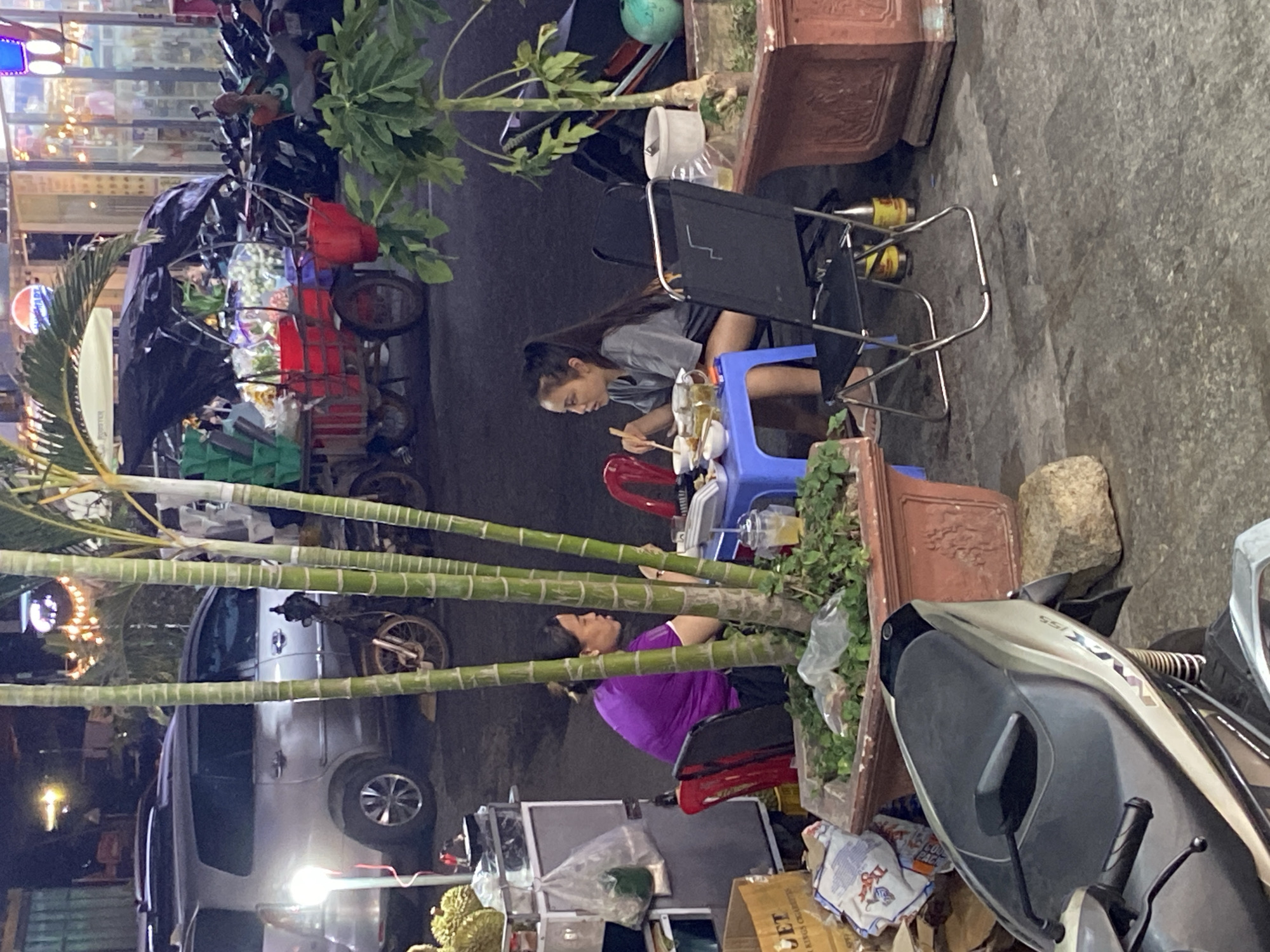 This image captures a street scene in Bac Nha Trang Ward, Vietnam, likely during the evening or night, as indicated by the artificial lighting present. The foreground is dominated by bamboo stalks, through which a silver scooter is partially visible, its headlight on.
Further back, two women are seated at a small table on the side of what appears to be a street or alleyway, engaged in eating. One woman, wearing a grey t-shirt and dark shorts, is actively eating with chopsticks. She has long dark hair tied back. Beside her, a blue plastic stool is visible. The second woman, wearing a purple t-shirt, is also seated, facing away from the camera.
The setting is an urban environment with various objects scattered around. To the left, a silver car is parked. Behind the women, there are various items, including what looks like a cart with red and green containers, possibly for food or goods. Motorcycles are also parked in the vicinity, some covered with black tarps. In the background, there are buildings with illuminated signs and storefronts, suggesting a commercial area. Two potted plants with large leaves are also visible. The ground is paved, and some of the objects appear to be placed on the pavement. There is no explicit indication of weather conditions. The overall mood seems to be a casual, everyday moment of people enjoying a meal outdoors. Some faint text is visible on the packaging of items in the foreground.