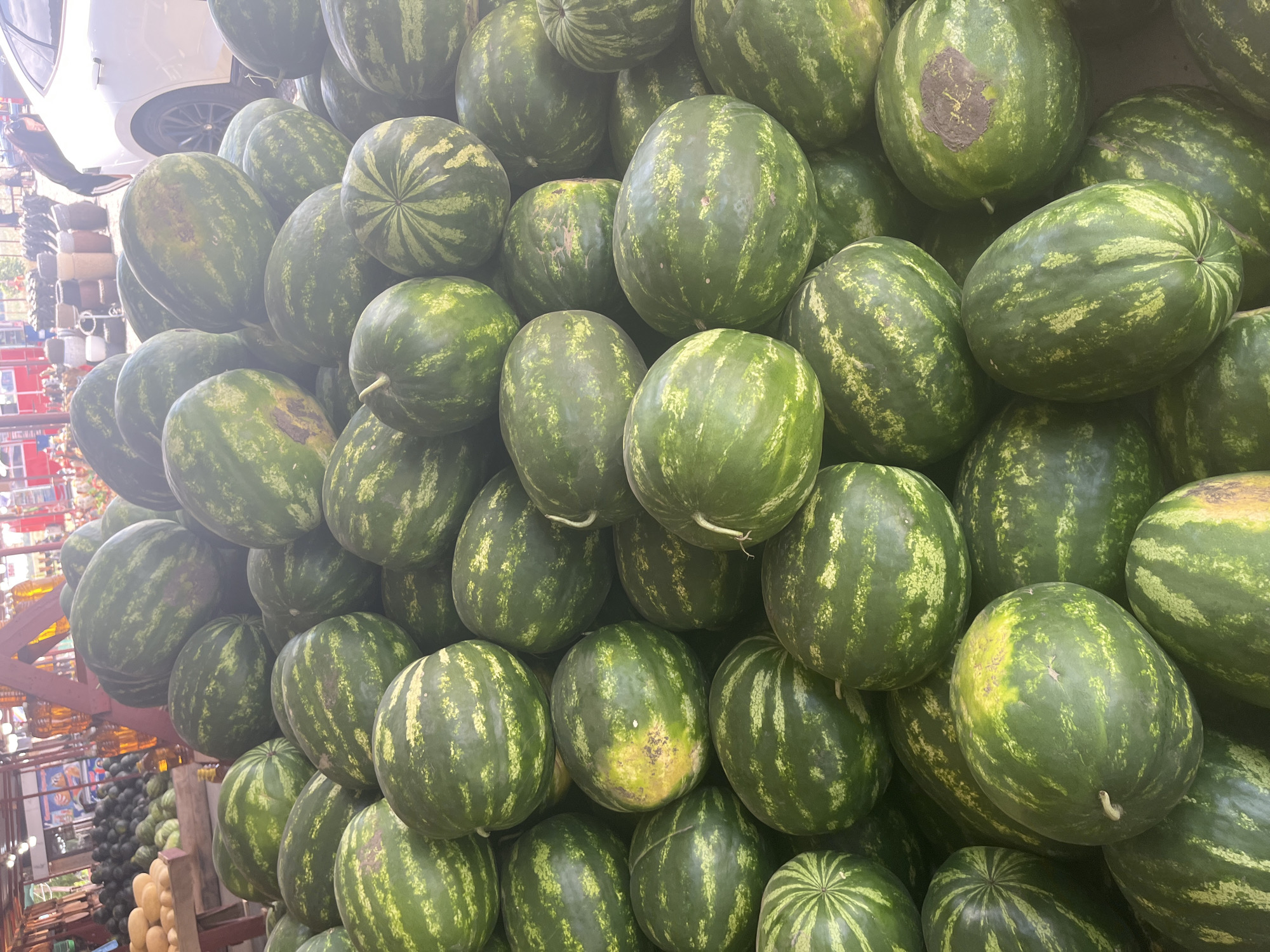 This image depicts a street market scene in Plastunovskaya, Russia, focused on a large pile of watermelons. The watermelons are predominantly green with lighter green stripes, and some exhibit yellow or brown blemishes. They are stacked in multiple layers, filling the foreground and extending into the background. In the far background, various market stalls are visible, with some merchandise on display. A white car is parked to the right of the frame, and a person can be seen leaning into it. The overall impression is of a bustling outdoor market during daylight hours.