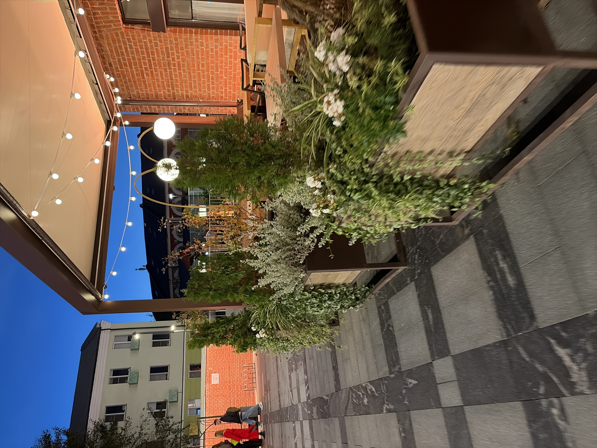 The image depicts an outdoor seating area of a restaurant or cafe located in Moscow, Russia. The setting is an urban environment with a building in the background and a paved walkway in the foreground. The time of day appears to be dusk, with the sky showing a deep blue hue.
In the foreground, there are several large planters containing a variety of greenery, including coniferous trees, trailing vines, and flowering plants with white blooms. The planters are made of dark metal with wooden accents. The walkway is paved with large square tiles in a checkered pattern of grey and black.
In the middle ground, a building with a light green facade and multiple windows is visible. Adjacent to it, a brick wall section is illuminated by warm lighting, suggesting it is part of the establishment. A few people are walking on the paved area near the building, dressed casually. One person is wearing a red outfit.
The background shows the roofline of another building and a few trees. Overhead, a canopy structure is supported by dark beams, and a string of round light bulbs is suspended beneath it, casting a warm glow. The overall impression is that of a modern, outdoor dining space designed for evening use.