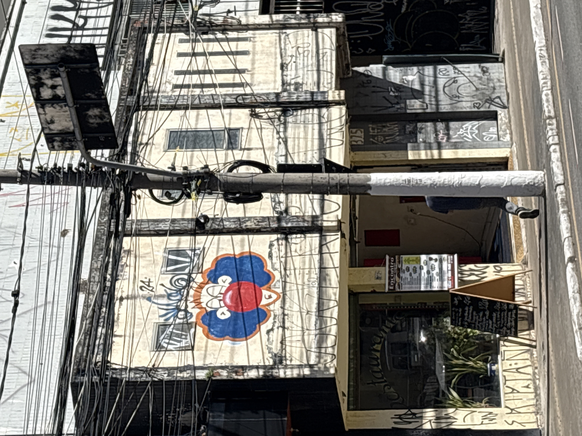 This image captures a street scene in São Paulo, Brazil, likely a commercial area. A weathered building with a facade covered in graffiti and a mural of a cartoonish clown face dominates the upper portion of the frame. The building appears to be multi-story, with visible windows and electrical wires strung across its front. Below, at street level, is a business with "Restaurante" visible on its window, a menu board, and an open doorway. A person in a dark shirt and pants is walking away from the camera, their back mostly to the viewer. The street is paved, with a curb and visible lane markings. The overall impression is one of urban grit and vibrancy, with a strong presence of street art and the everyday life of a Brazilian city.