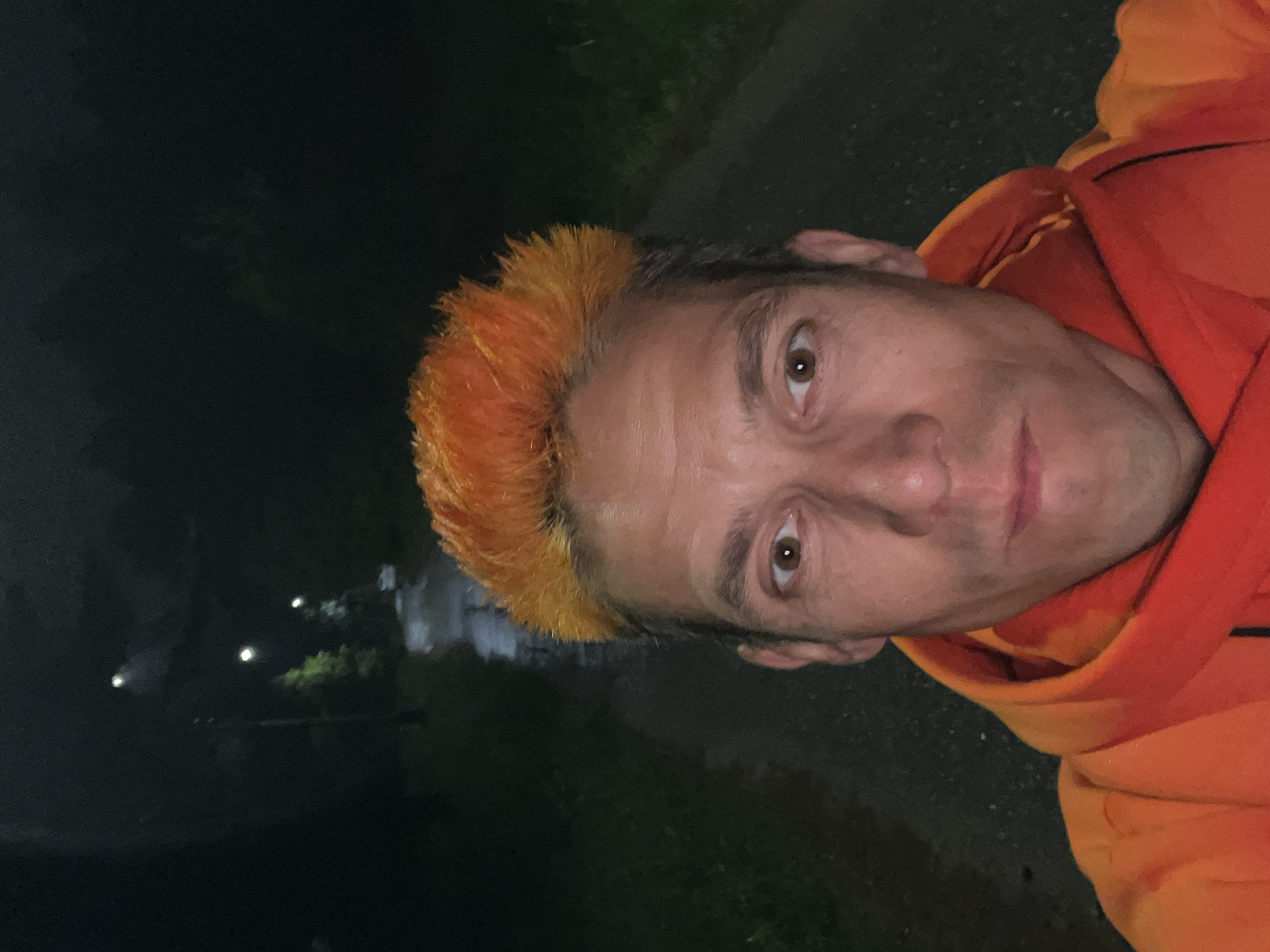A frontal, eye-level selfie-style portrait of an adult male is captured at night in the city of Chaikovsky, Russia. The subject has a fair complexion, brown eyes looking directly at the viewer, and an overall neutral facial expression. His hair is distinctly bright orange and styled upwards on the crown, with darker hair visible on the sides of his head. He is wearing a vivid orange or reddish-orange hooded sweatshirt or jacket, with the collar visible.
The background is dark, indicating nighttime conditions. A path or road, appearing wet from recent precipitation, recedes into the distance and reflects ambient light. Several streetlights are visible in the middle ground and background, providing distinct points of illumination. Dark vegetation, likely trees or dense bushes, flanks the path on both sides, mostly obscured by darkness with minimal illumination.