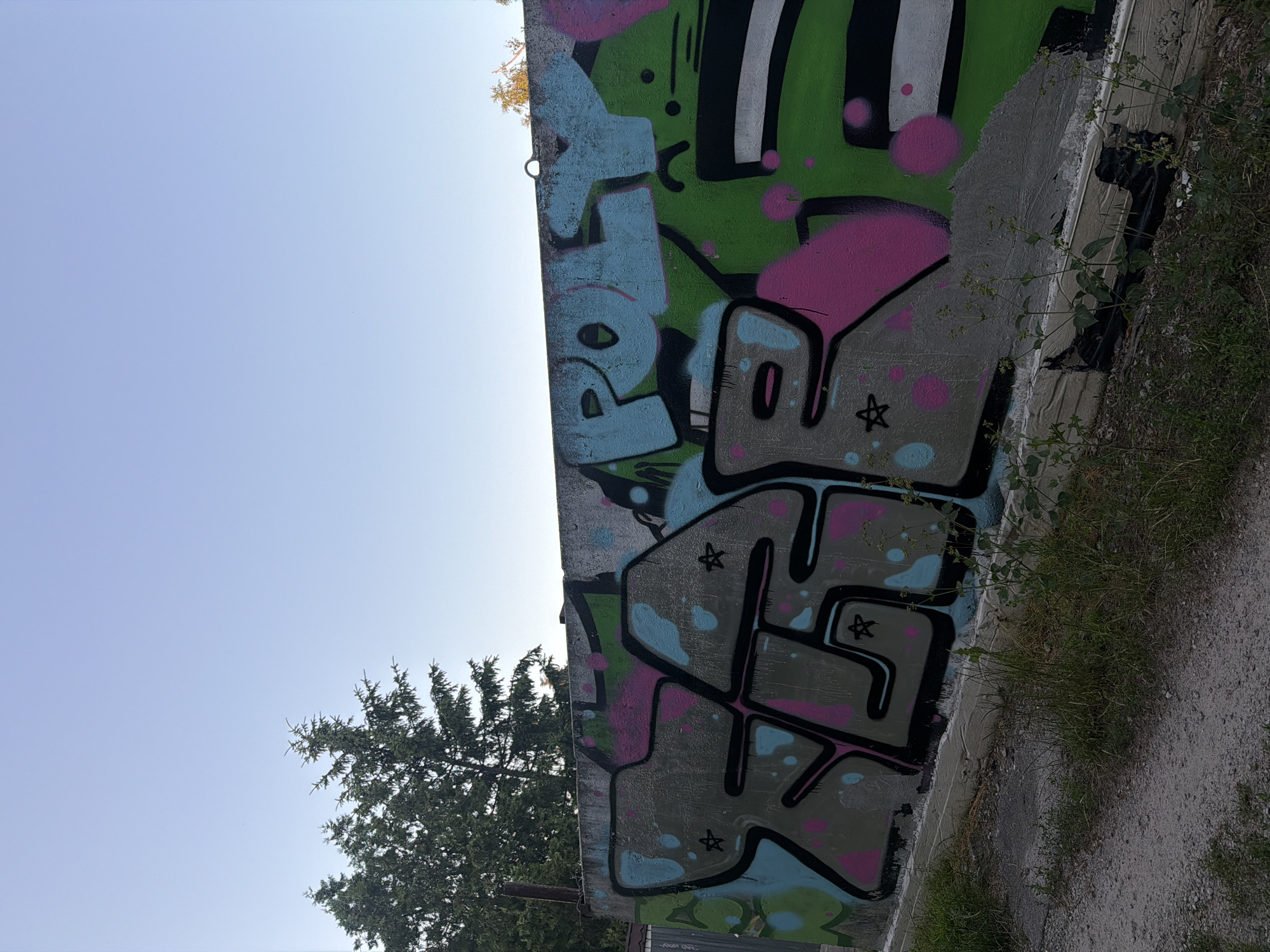 The image shows a concrete wall with graffiti art in Obukhivka, Ukraine. The graffiti features large, stylized letters in shades of gray, pink, and light blue, with black outlines. Some letters are outlined with black and filled with various colors, including green and pink splatters. Small black stars are incorporated into some of the letters. Above the graffiti, the sky is clear and pale blue. To the left of the wall, evergreen trees are visible. The base of the wall is bordered by a rough concrete surface and some sparse grass and weeds. The overall scene depicts an urban or semi-urban outdoor environment.