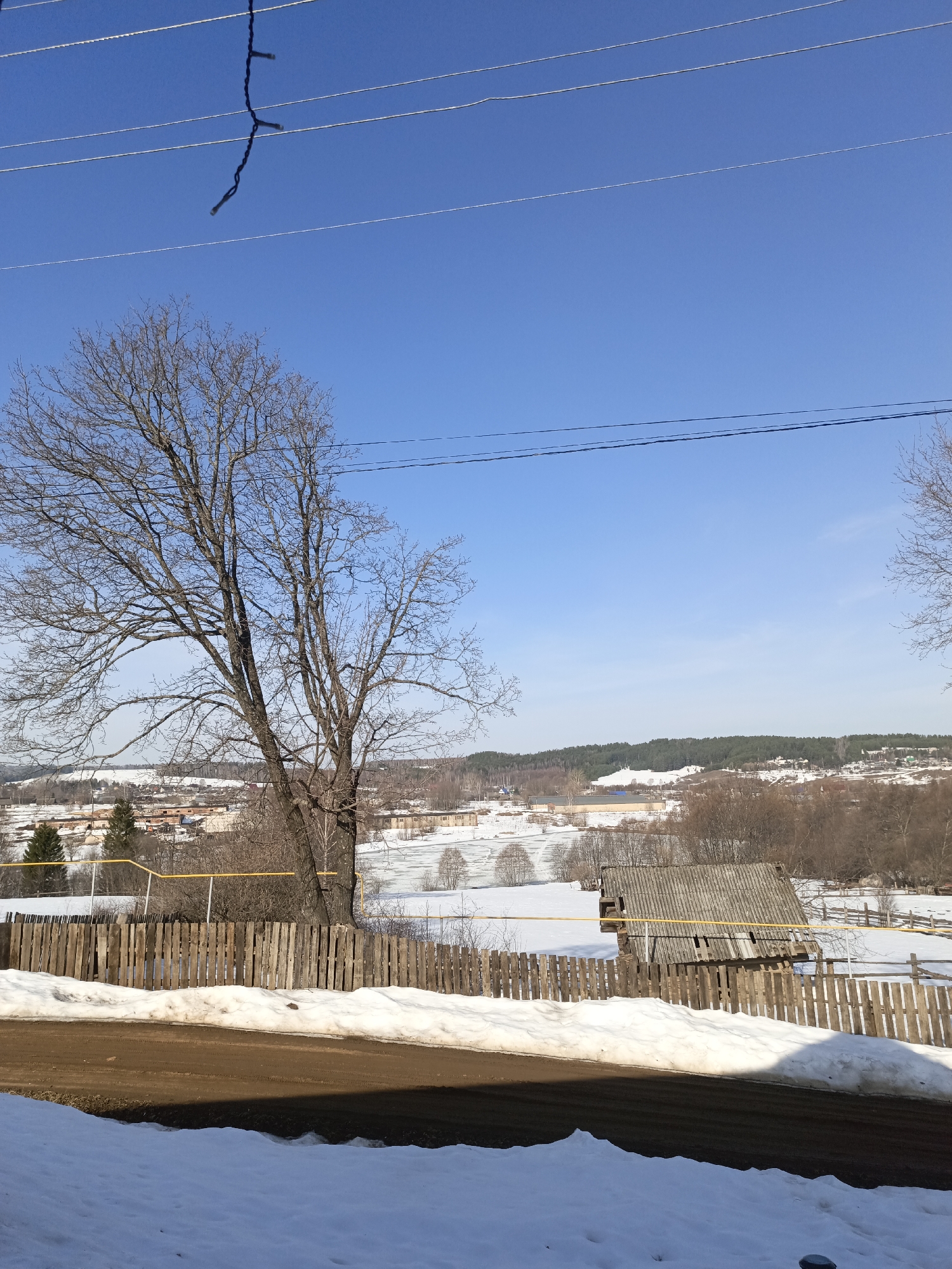 The image depicts a winter scene in Большой Букор, Russia. A dirt road runs in the foreground, bordered by snow. A wooden fence extends across the middle ground, partially obscured by a large, leafless tree on the left. Behind the fence, a landscape covered in snow features scattered buildings and vegetation. In the distance, a forest-covered hill forms the horizon under a clear blue sky. Power lines stretch across the upper portion of the frame. The sunlight suggests it is daytime.
