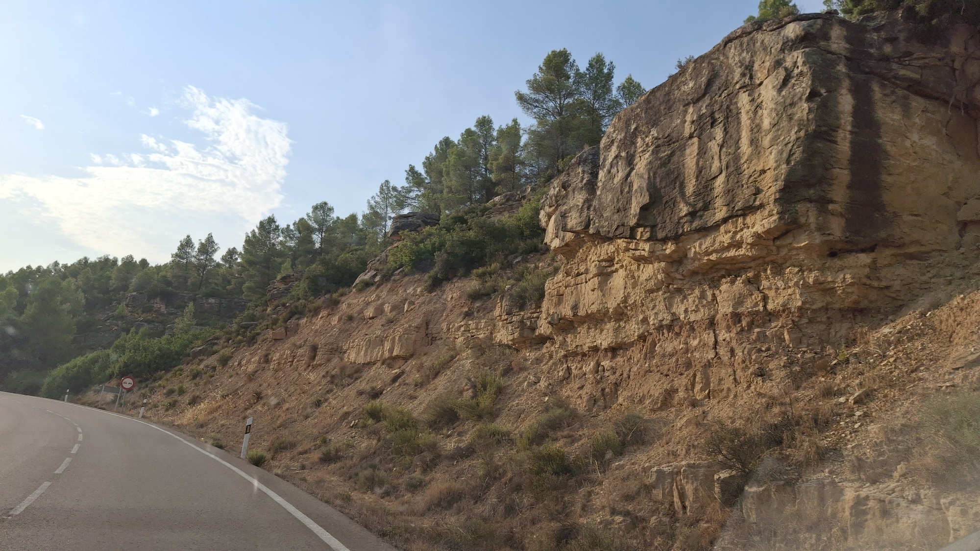 A curving asphalt road with a white dashed line on its left edge runs through a dry, arid landscape in Valjunquera, Spain. The road is bordered by a steep, rocky hillside on the right, which rises dramatically into a sheer cliff face. The cliff is composed of layered, tan-colored rock, with vertical striations of darker, possibly wet or stained rock, particularly on the upper portion. Sparse, dry vegetation, including grasses and low shrubs, grows on the lower slopes of the hillside. Scattered pine trees and other green shrubs dot the upper slopes and the crest of the hill. The sky above is a clear blue with a few wispy white clouds. A red and white circular traffic sign, indicating a prohibition, is visible on a post on the left side of the road. White marker posts are also intermittently placed along the right shoulder of the road. The overall scene depicts a rugged, natural environment along a roadside.