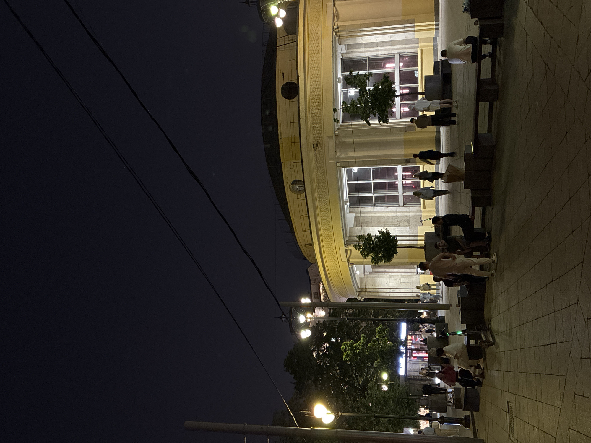 At night, a building dominates the upper right and center of the scene. The facade is illuminated with windows, each with greenery. Below, people are seated on benches. Lamp posts are situated along the sidewalk, shedding light on a nearby tree. Dark, cloudy sky at the top. Wires are visible on the left-hand side. The photograph was taken in Moscow, Russia.