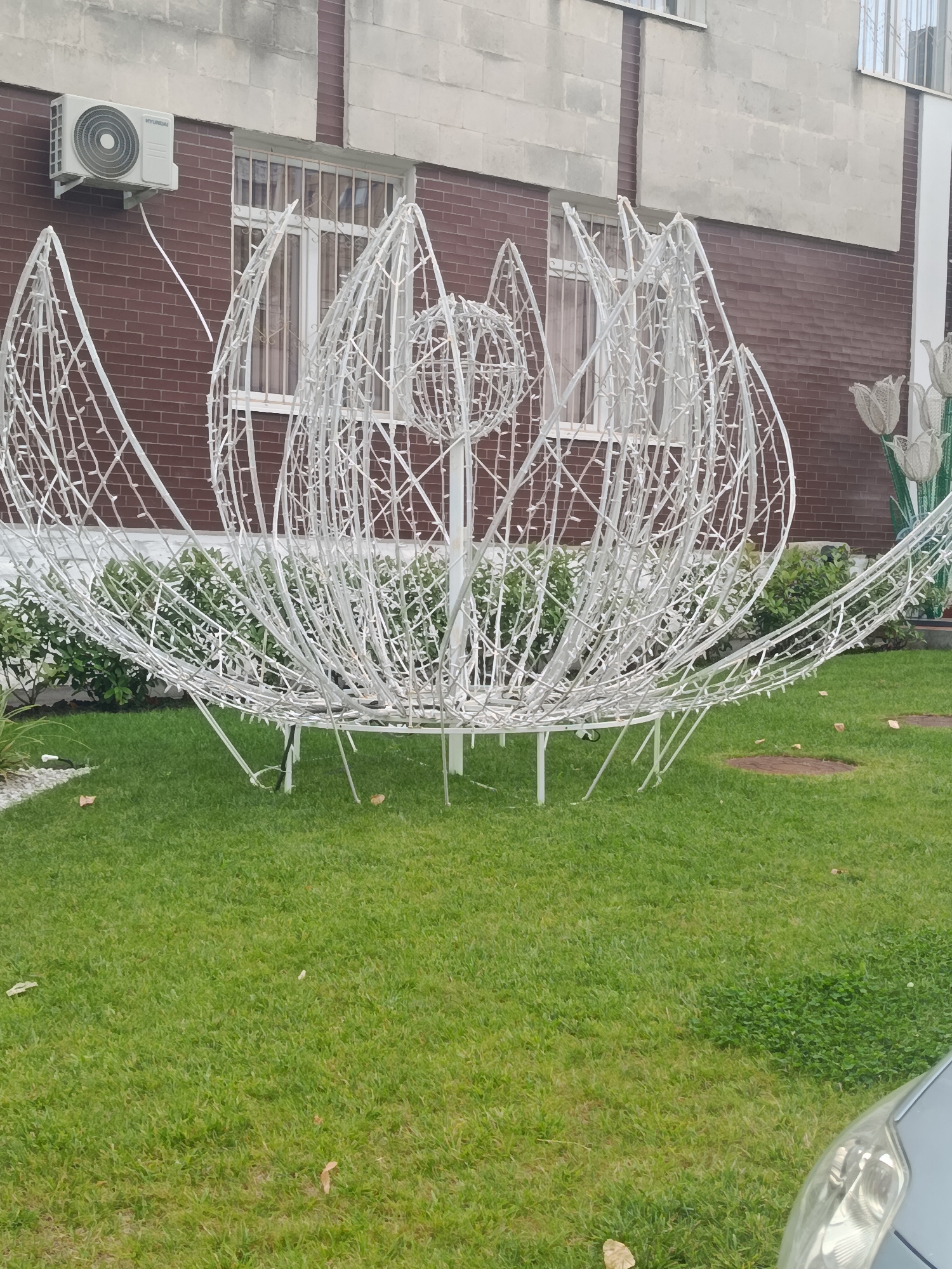 The image captures a large, illuminated floral sculpture, resembling a lotus or open tulip, situated in a grassy area. The sculpture is made of white wire framework adorned with numerous small lights. Behind the sculpture, a brick building with several windows and an air conditioning unit is visible. The environment suggests an outdoor setting, possibly a park or a public space in Chișinău, Moldova. The lighting is neutral, indicating daylight. No people are present in the frame.