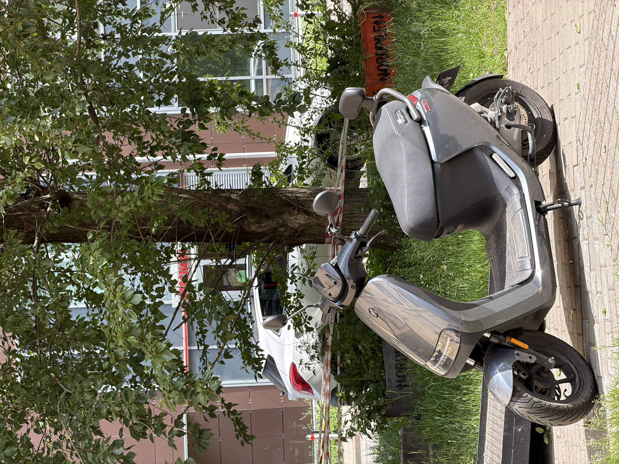 The image depicts an outdoor urban or suburban scene, predominantly featuring a parked scooter and natural elements. The scene is illuminated by bright sunlight, suggesting daytime with clear weather, and casts distinct shadows.
In the foreground and towards the right, a modern, sleek grey scooter with a black seat is prominently displayed. It is equipped with mirrors, headlights, taillights, and a visible kickstand, parked on a light-colored paved sidewalk.
To the left of the scooter, a large tree with a thick trunk and abundant green leaves fills much of the left side of the frame. Behind the tree and further into the background, a multi-story building is visible, characterized by a reddish-brown facade and numerous large, white-framed windows. A white car is partially discernible, parked behind the tree and the scooter.
The ground consists of green grass interspersed with small plants on the left, transitioning to the paved sidewalk where the scooter rests.
Notable details include a dark grey bollard or barrier located behind the scooter's front wheel, on which the partially visible German word "ANORDNUNG" (meaning "order" or "arrangement") can be discerned. Further back, an orange safety barrier is also present, though its text is largely indistinct. No people are visible in the scene, which conveys a sense of a quiet, everyday environment.