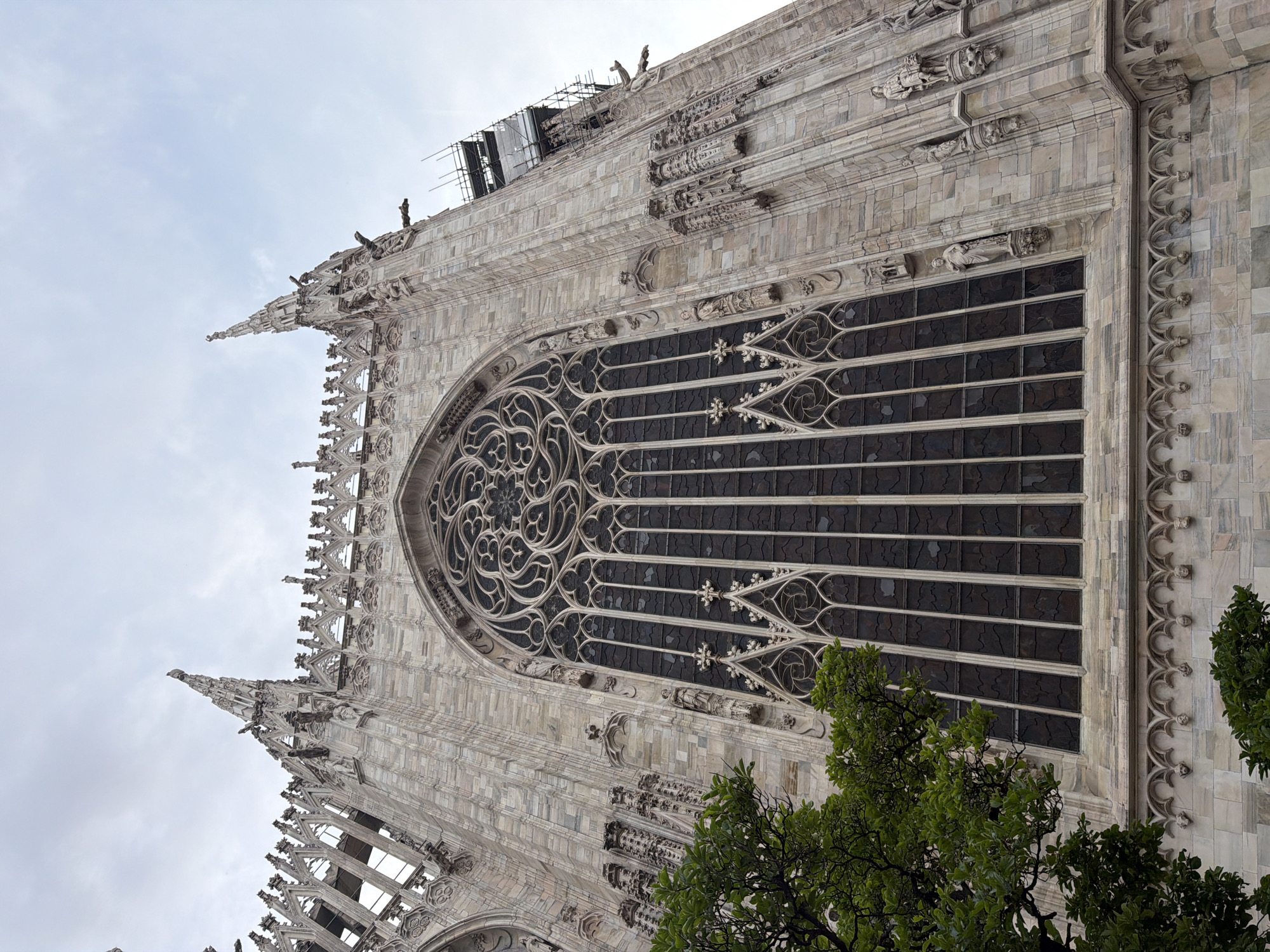 The image captures a detailed, low-angle perspective of the ornate facade of a grand Gothic cathedral, identified by context as the Milan Cathedral (Duomo di Milano). The immense structure dominates the frame, showcasing its intricate white marble architecture under an overcast sky.
The primary subject is a massive arched window, featuring an elaborate rose window design in its upper semicircle, filled with delicate stone tracery. Below this, the window extends downwards with numerous vertical, dark-paned sections, also divided by decorative tracery.
The building's surface is rich with sculptural detail, including numerous statues of figures nestled within niches, decorative cornices, and pinnacles culminating in sharp spires. Gargoyles and other grotesque figures are visible protruding from various ledges. The facade is constructed from finely cut blocks of pale stone, likely marble, displaying subtle variations in color and texture.
In the upper right portion of the building, scaffolding is visible, suggesting ongoing maintenance or restoration work on this historic edifice. Lush green foliage from trees partially frames the lower right and bottom edges of the image, contrasting with the pale stone.
The perspective looks steeply upwards, emphasizing the monumental scale and soaring verticality of the architecture. The lighting suggests daytime, but the clouds create a soft, diffused light without harsh shadows. No people or visible text are present in the frame.